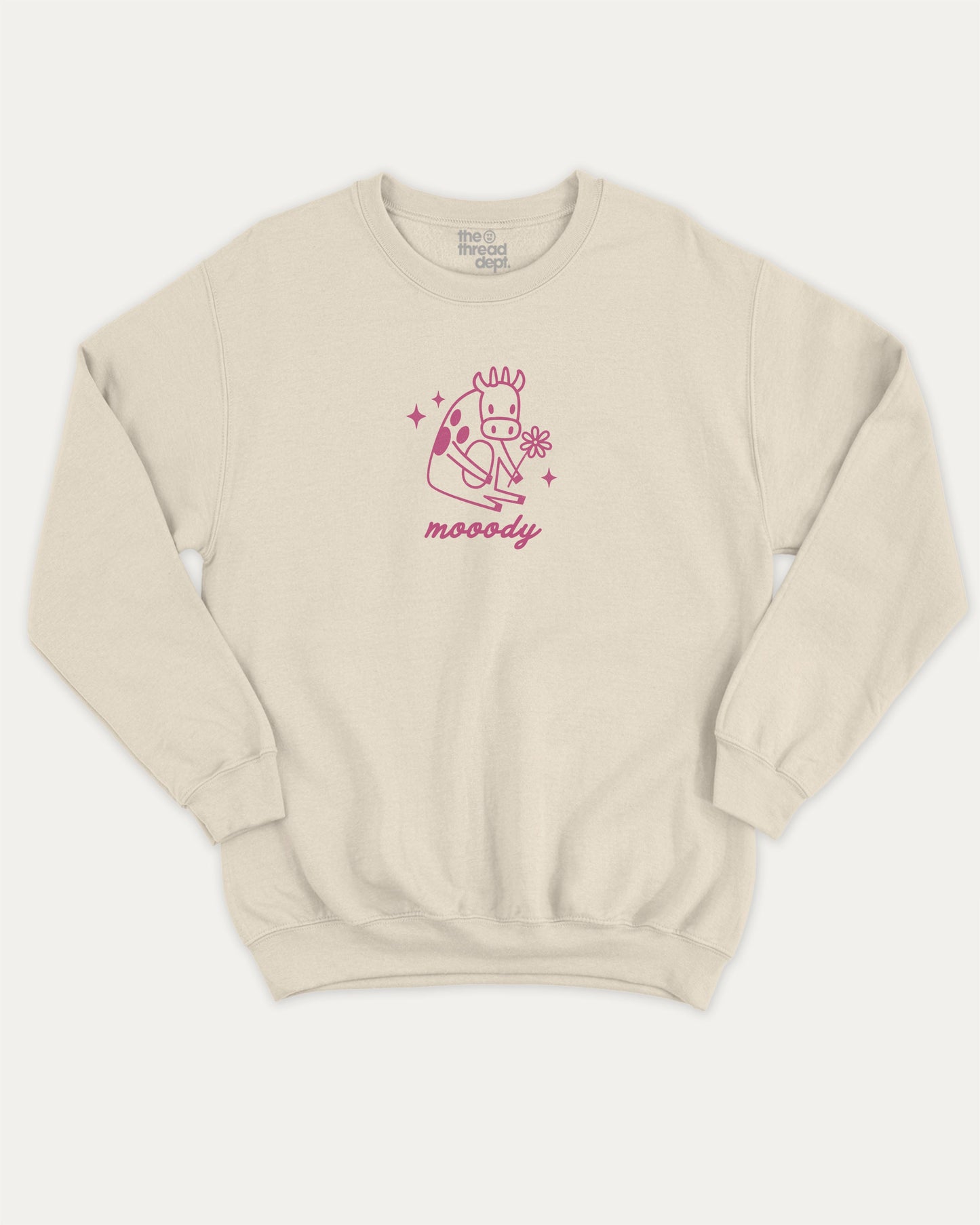 Mooody Cow pullover sweatshirt, perfect for adults. Vintage and cute graphic pullover, comfy cold-weather wear, bold casual look. Natural sweater