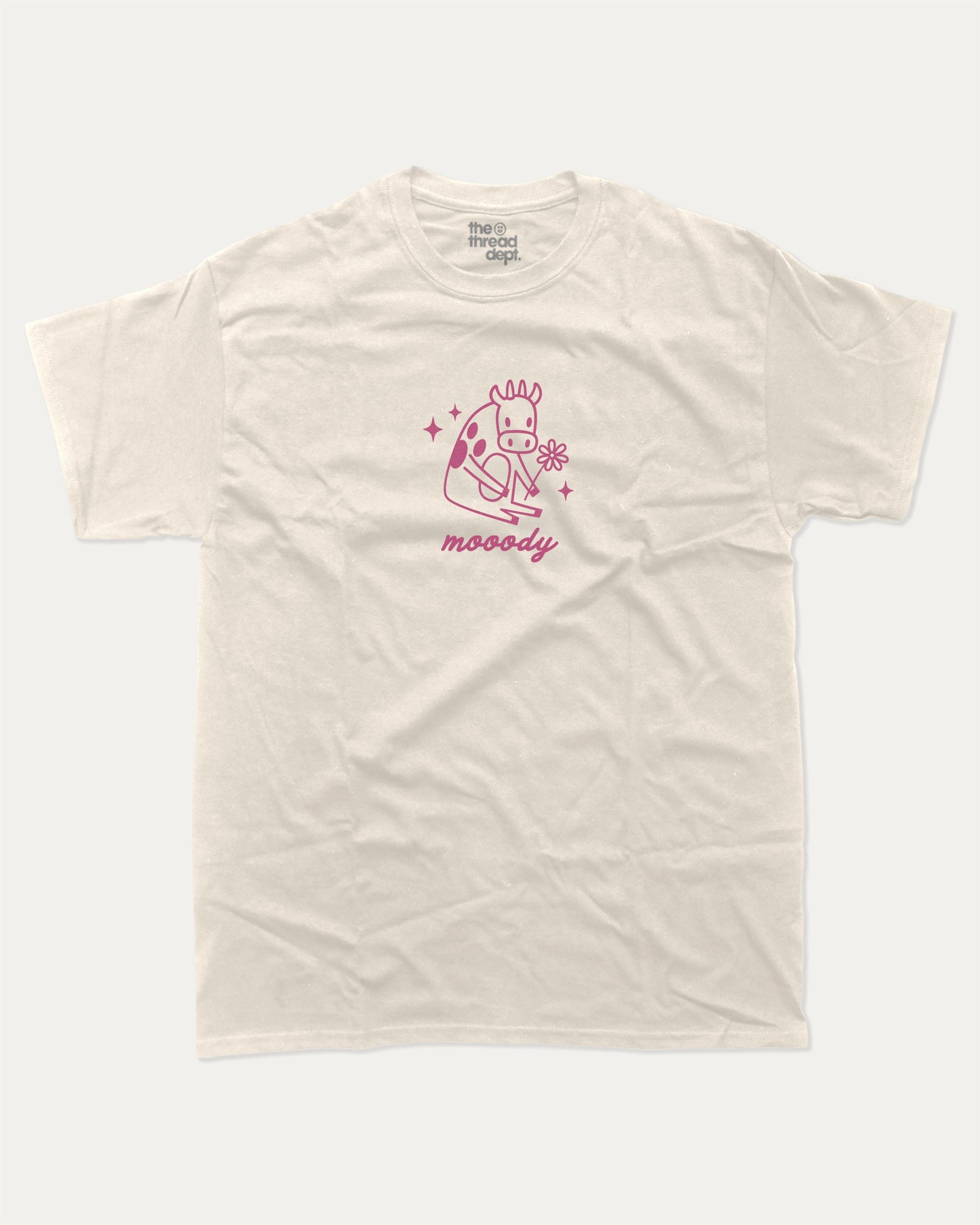 Mooody Cow graphic t-shirt, perfect for adults. Vintage and cute graphic tee, trending meme shirt, unique gift idea. Cream.