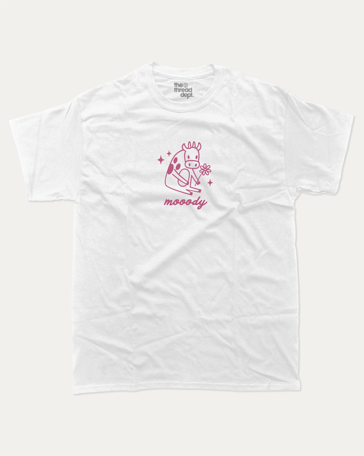 Mooody Cow graphic t-shirt, perfect for adults. Vintage and cute graphic tee, trending meme shirt, unique gift idea. White.