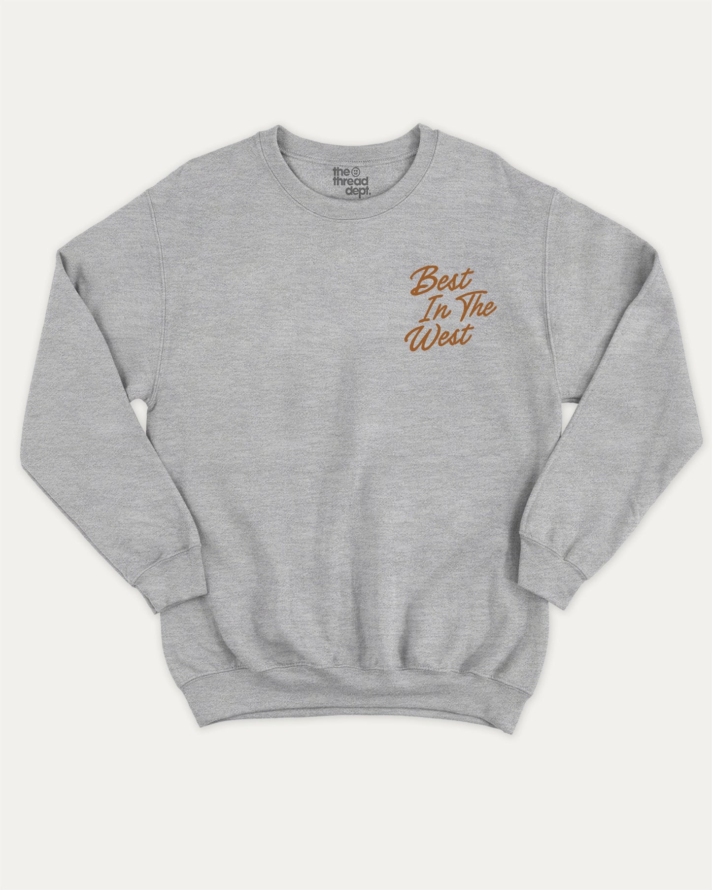 Outlaws Best In The West pullover sweatshirt, perfect for adults. Western bold graphic pullover, comfy cold-weather wear, bold casual look. Heather Grey sweater