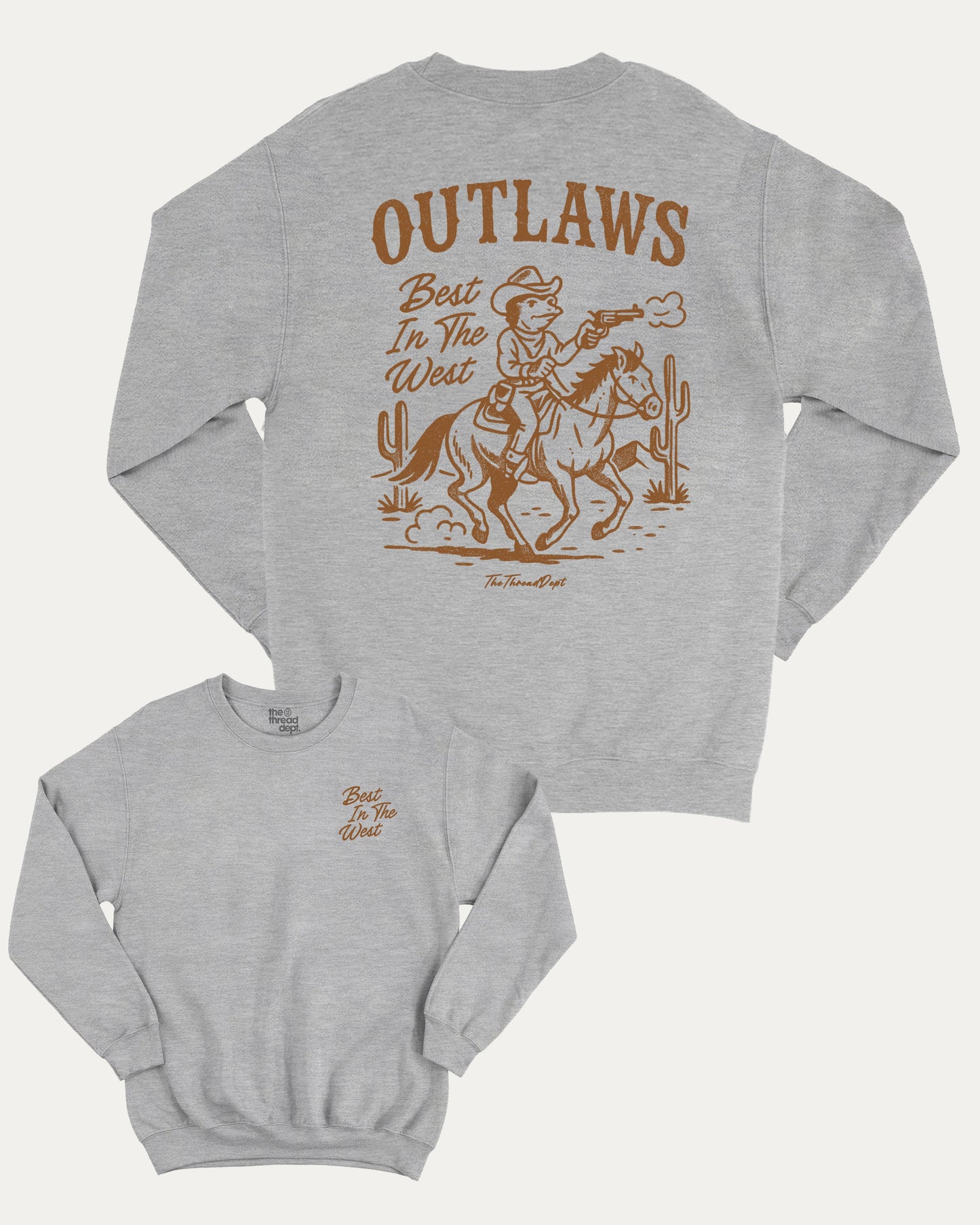 Outlaws Best In The West pullover sweatshirt, perfect for adults. Western bold graphic pullover, comfy cold-weather wear, bold casual look. Heather Grey sweater