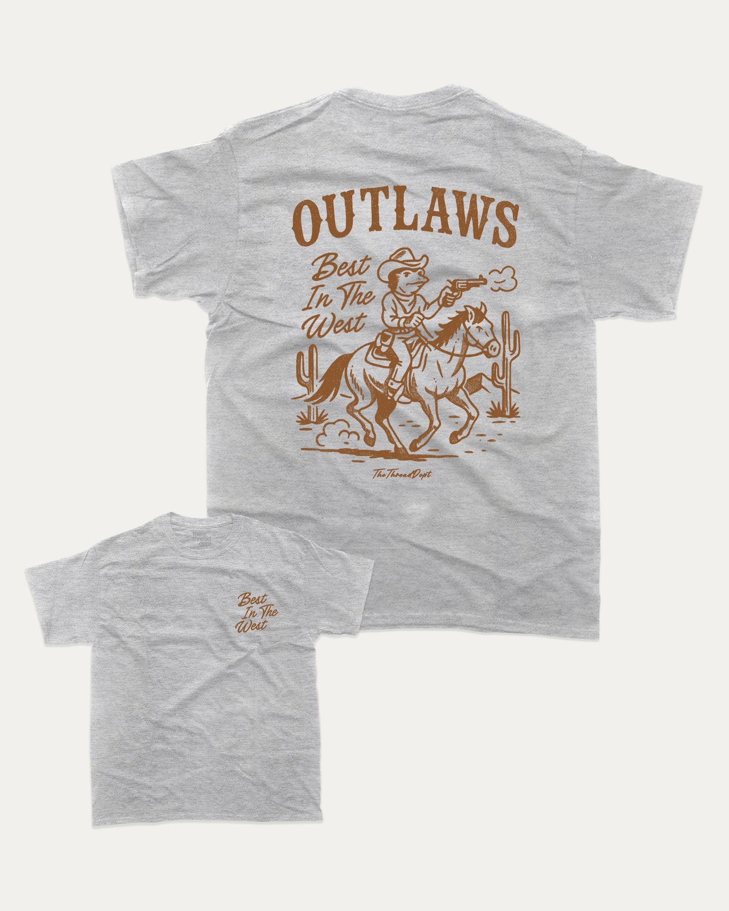 Outlaws Best In The West graphic t-shirt, perfect for adults. A must-have funny tee, trending meme shirt, unique gift idea. Heather Grey.