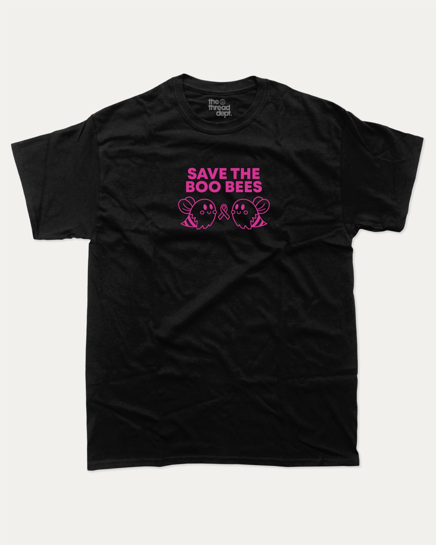 Save The Boo Bees graphic tee with humorous breast cancer awareness print, funny and trendy graphic. Perfect for adults and gift-giving. Black shirt.
