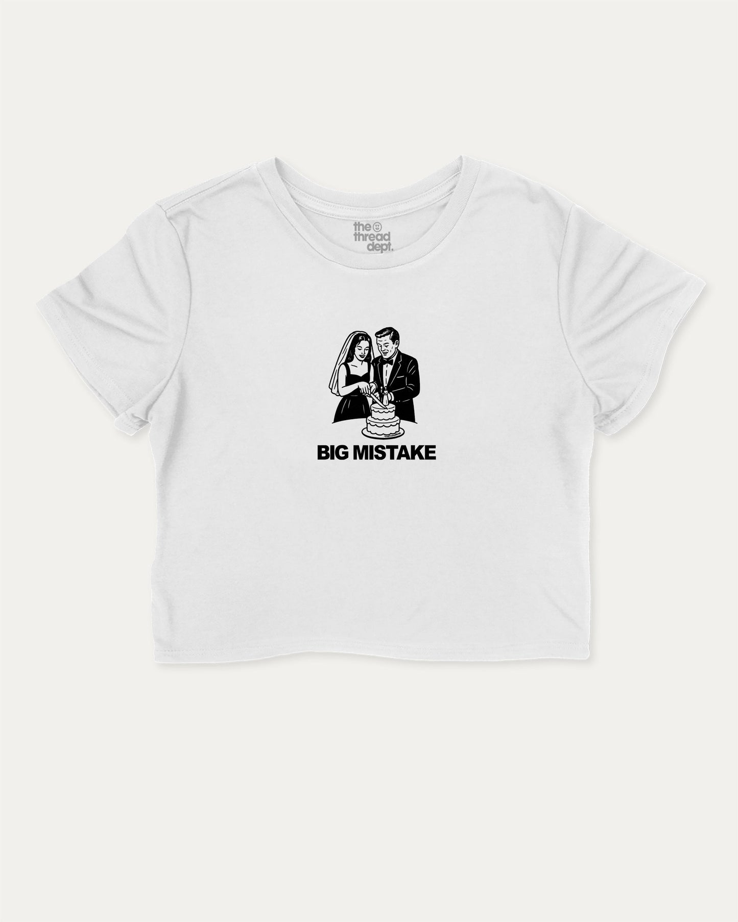 Big Mistake cute and trendy crop tee with nostalgic graphic, perfect for women. funny wedding marriage shirt, ideal for daily outfits and casual days. White crop tee