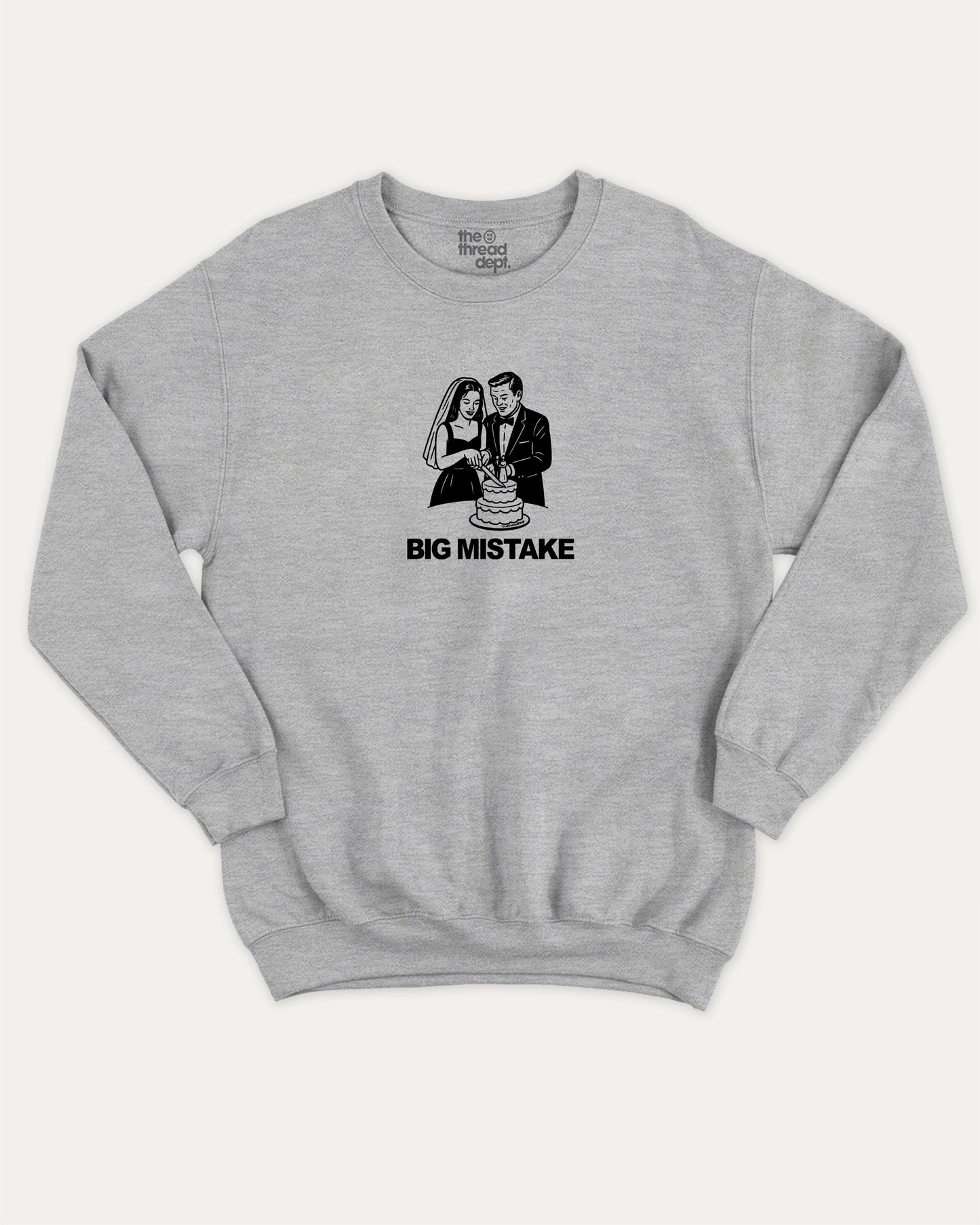 Big Mistake pullover sweatshirt, perfect for adults. A must-have graphic pullover, comfy cold-weather wear, funny wedding marriage shirt. Heather Grey sweater