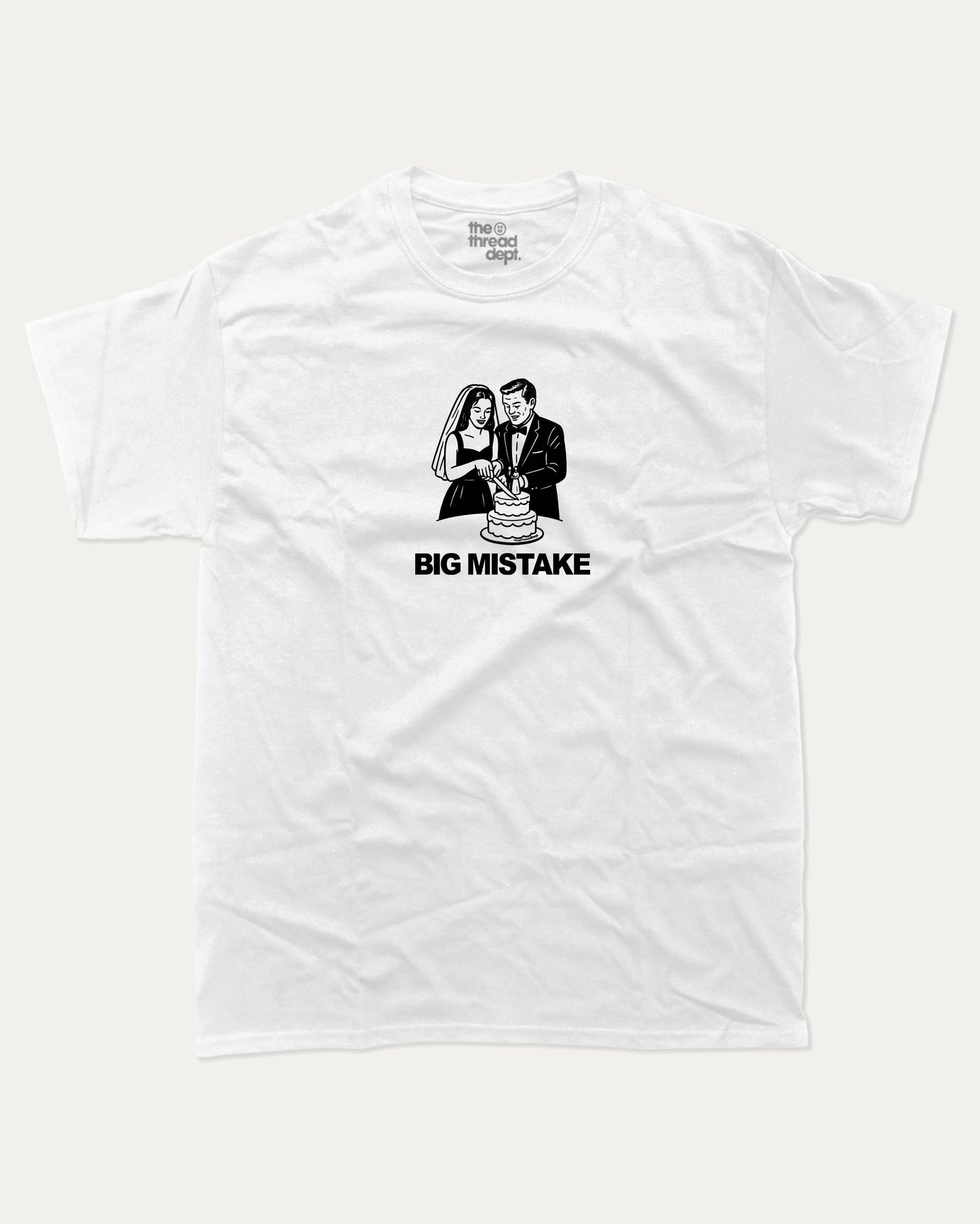 Big Mistake graphic t-shirt, perfect for adults. A must-have funny wedding tee, trending meme shirt, unique gift idea. White.