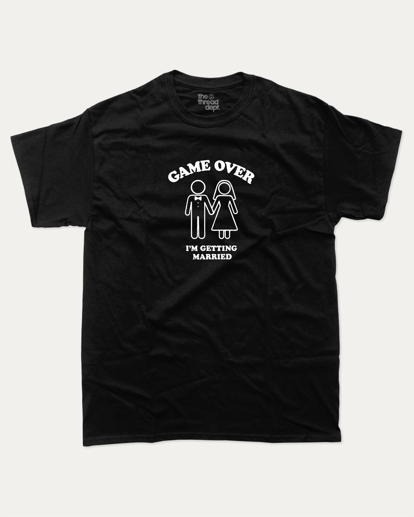 Game Over I'm Getting Married graphic t-shirt, perfect for adults. A must-have funny marriage tee, trending meme shirt, unique gift idea. Black.