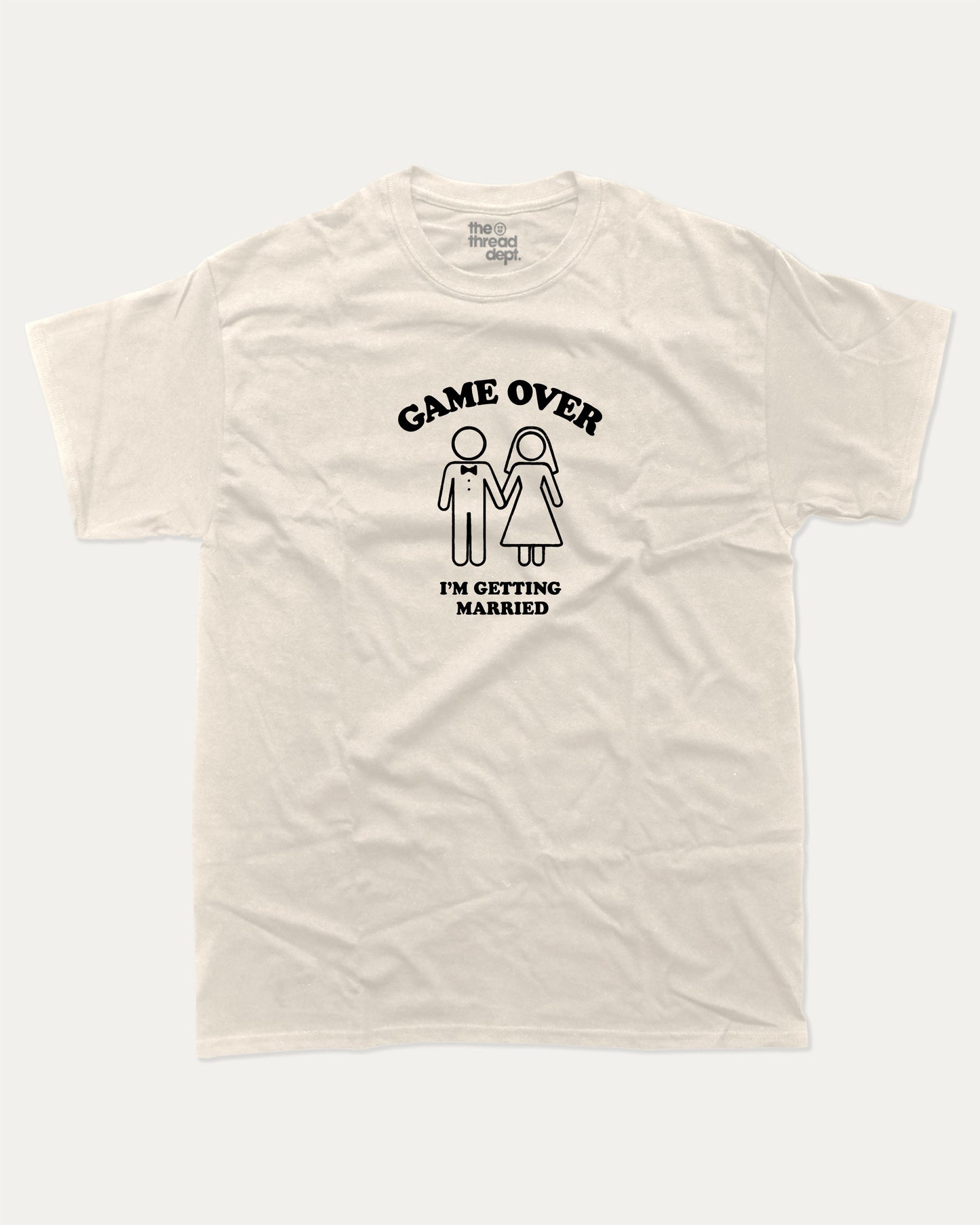 Game Over I'm Getting Married graphic t-shirt, perfect for adults. A must-have funny marriage tee, trending meme shirt, unique gift idea. Cream.