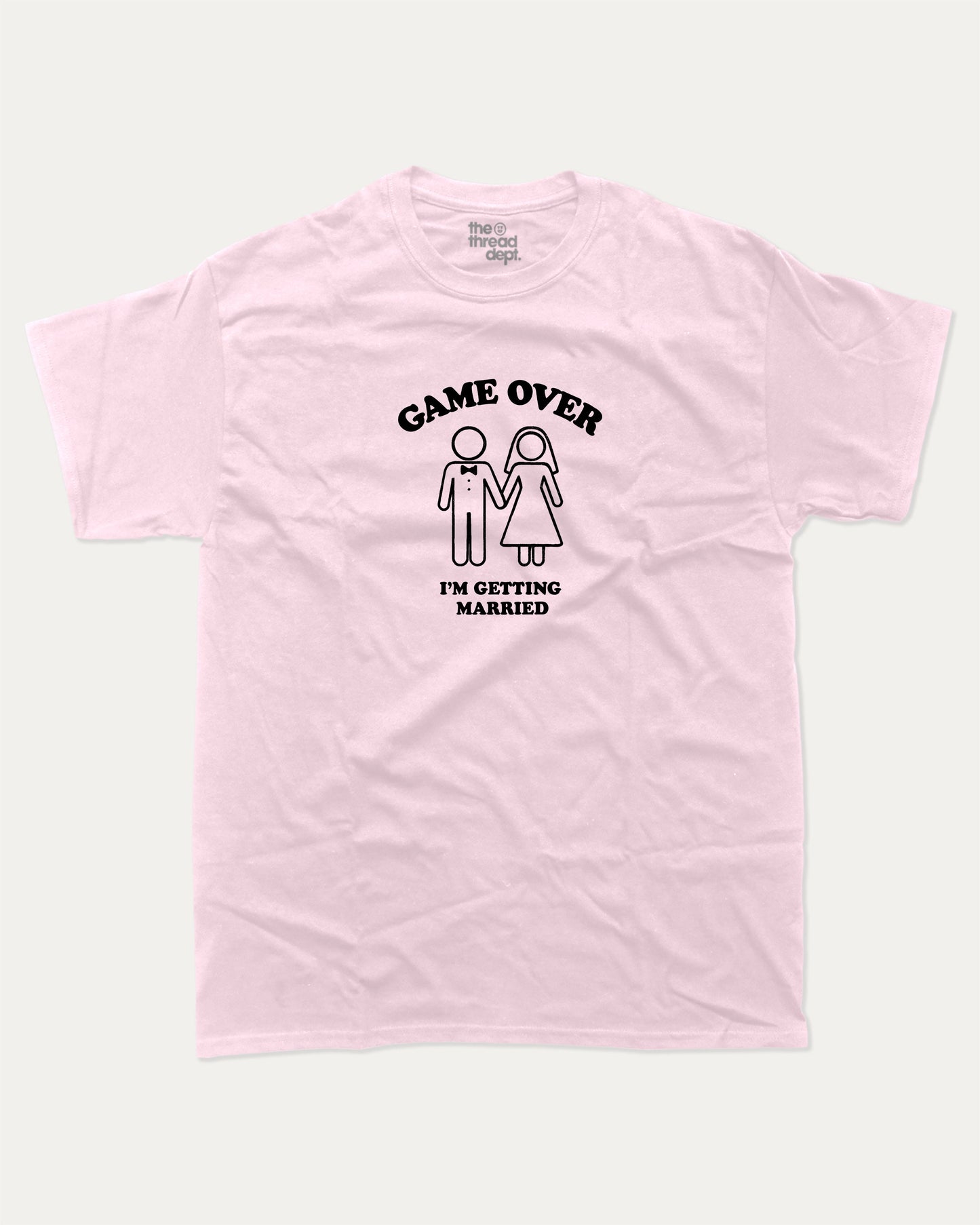 Game Over I'm Getting Married graphic t-shirt, perfect for adults. A must-have funny marriage tee, trending meme shirt, unique gift idea. Pink.