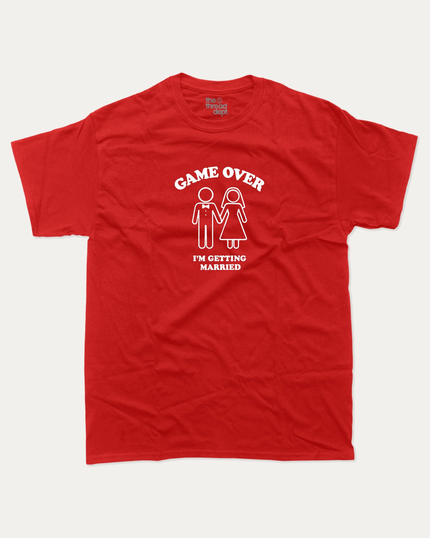 Game Over I'm Getting Married graphic t-shirt, perfect for adults. A must-have funny marriage tee, trending meme shirt, unique gift idea. Red.