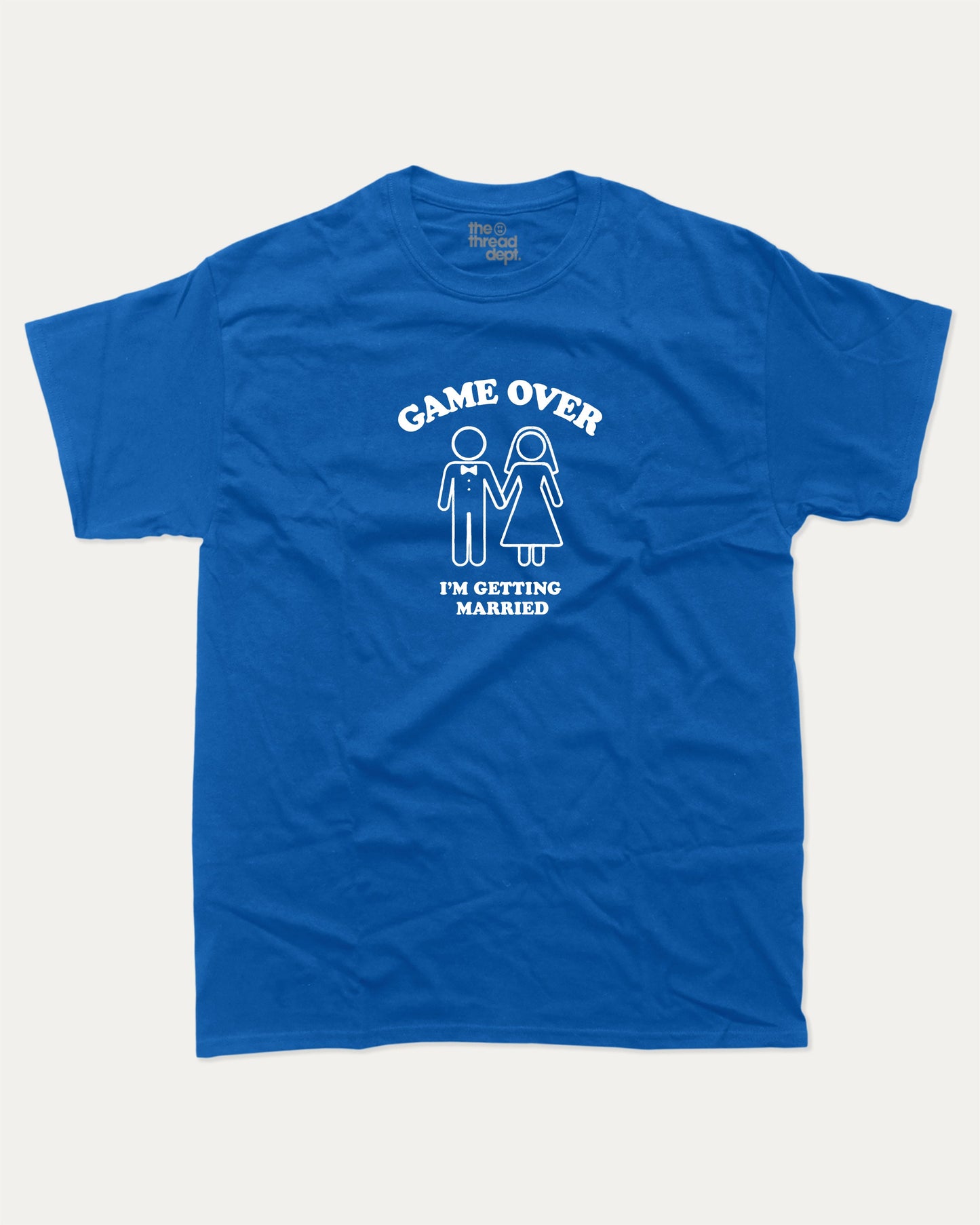 Game Over I'm Getting Married graphic t-shirt, perfect for adults. A must-have funny marriage tee, trending meme shirt, unique gift idea. Royal Blue.