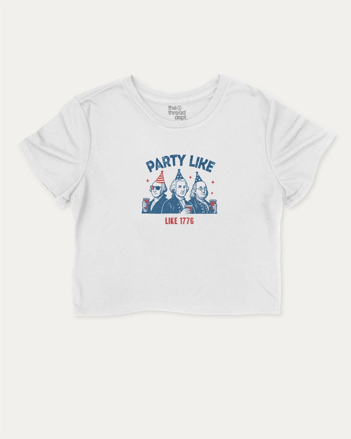 Party Like Like 1776 cute and trendy crop tee with nostalgic graphic, perfect for women. Funny 4th of july cropped aesthetic shirt, ideal for daily outfits and casual days. White crop tee