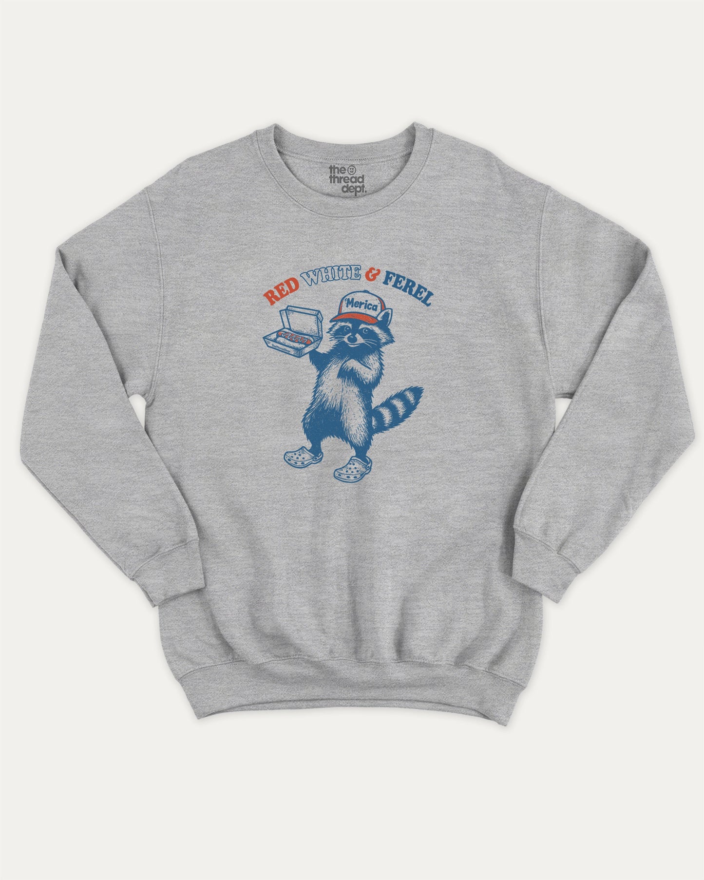 Red White And Feral pullover sweatshirt, perfect for adults. Funny USA graphic pullover, comfy cold-weather wear, bold casual look. Heather Grey sweater