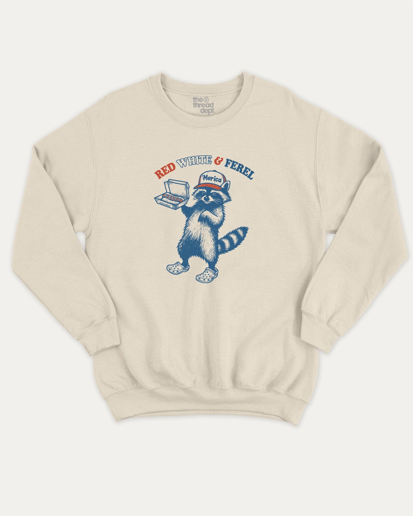 Red White And Feral pullover sweatshirt, perfect for adults. Funny USA graphic pullover, comfy cold-weather wear, bold casual look. Natural sweater