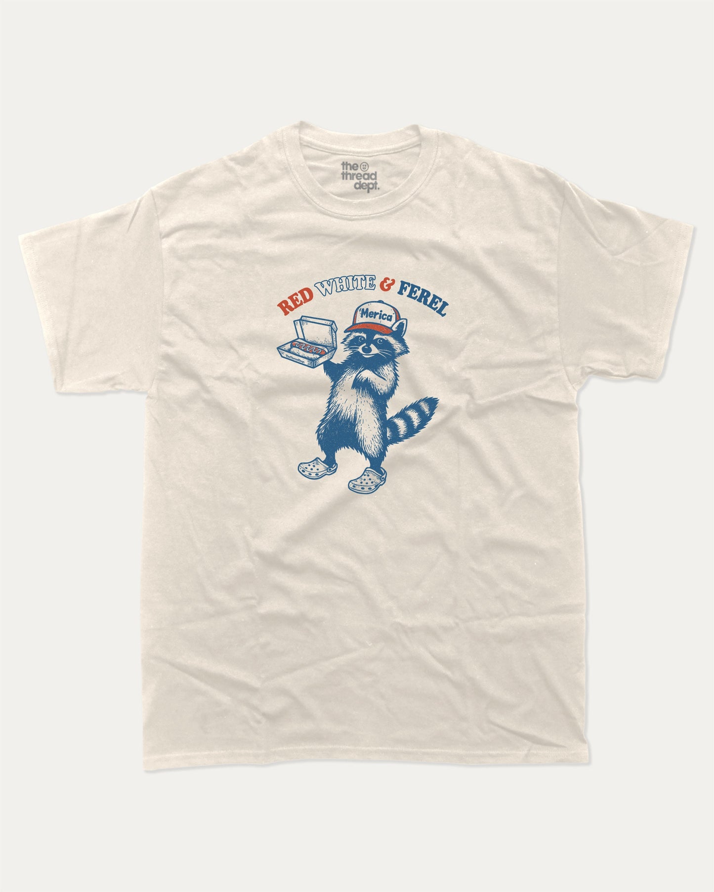 Red White And Feral graphic t-shirt, perfect for adults. Funny USA tee, trending meme shirt, unique gift idea. Cream.