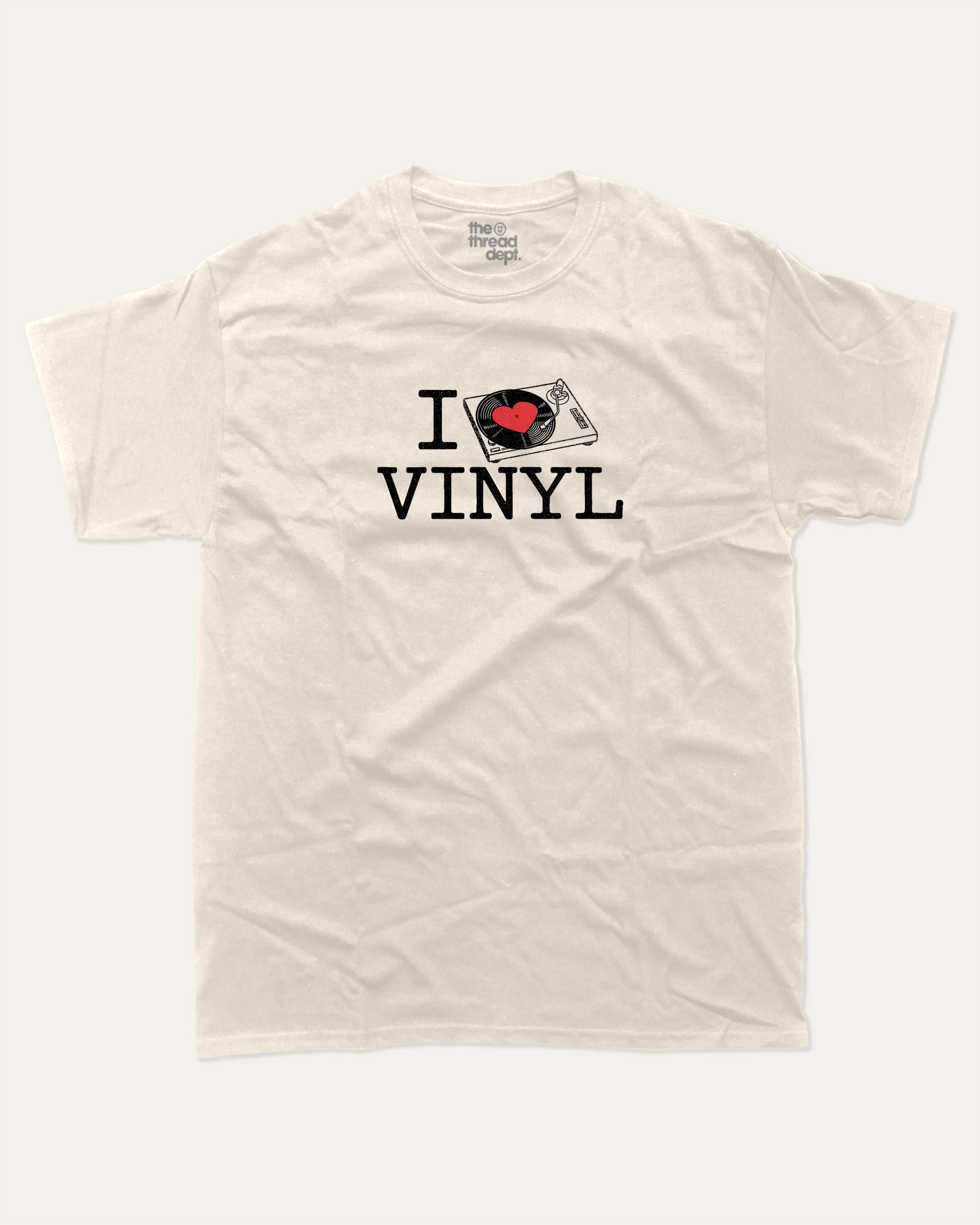 I Love Vinyl graphic tee with bold and humorous print, funny and trendy graphic. Perfect for adults and gift-giving. Cream shirt.