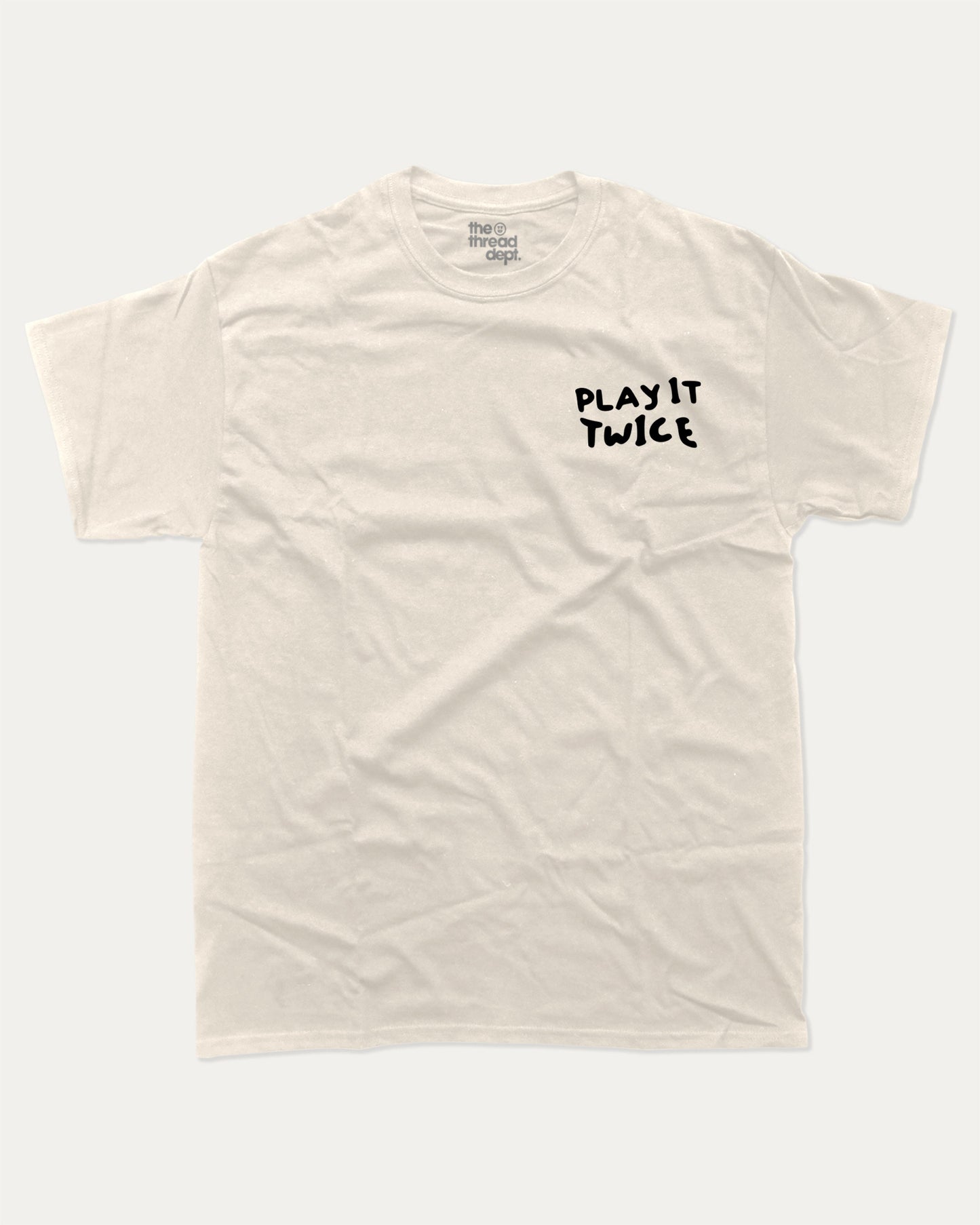 Play It Twice graphic tee with bold and humorous print, funny and trendy graphic. Perfect Gift for Vynil records fans, Retro Inspired Graphic T shirt, Back Printing Graphic Tee, Perfect for adults and gift-giving. Cream shirt.