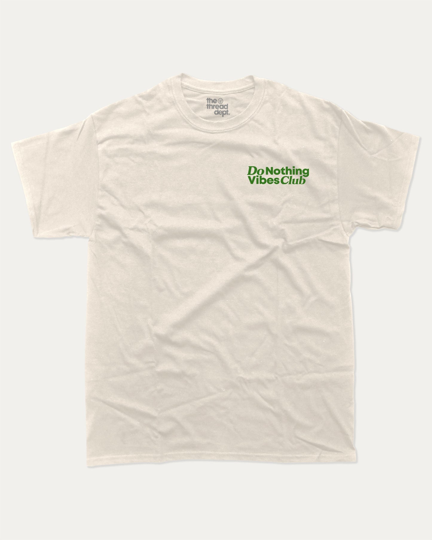 Do Nothing Vibes Club graphic tee with bold and humorous print, funny and trendy graphic. Vintage Inspired Graphic t shirt, Retro Inspired Graphic T shirt, Perfect for adults and gift-giving. Cream shirt.