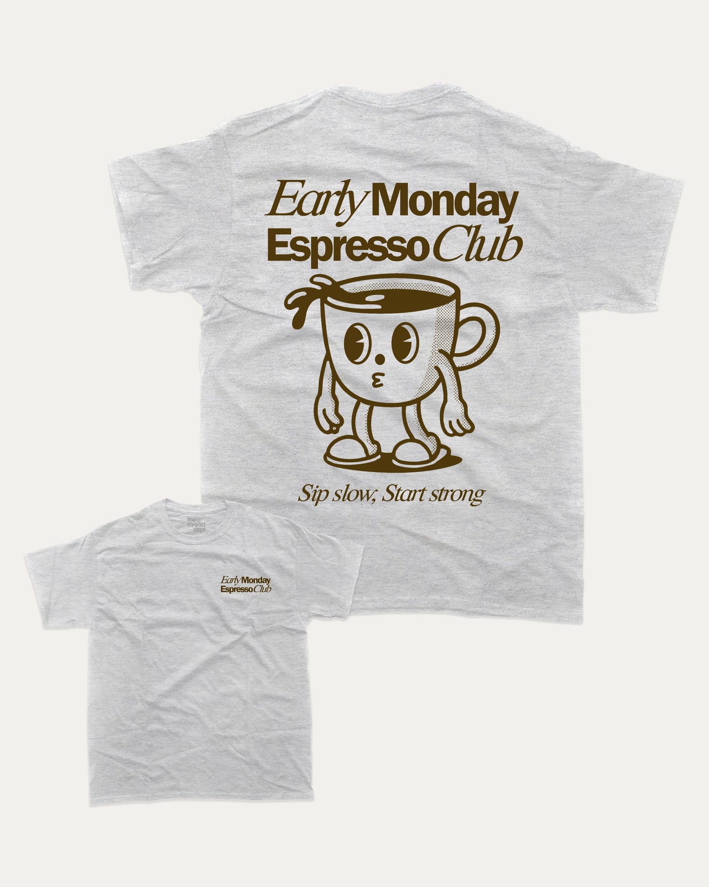 Early Monday Espresso Club graphic t-shirt, Vintage Retro Graphic Tees, Vintage inspired T shirts,. A must-have funny tee, trending meme shirt, unique gift idea. Ash Grey .