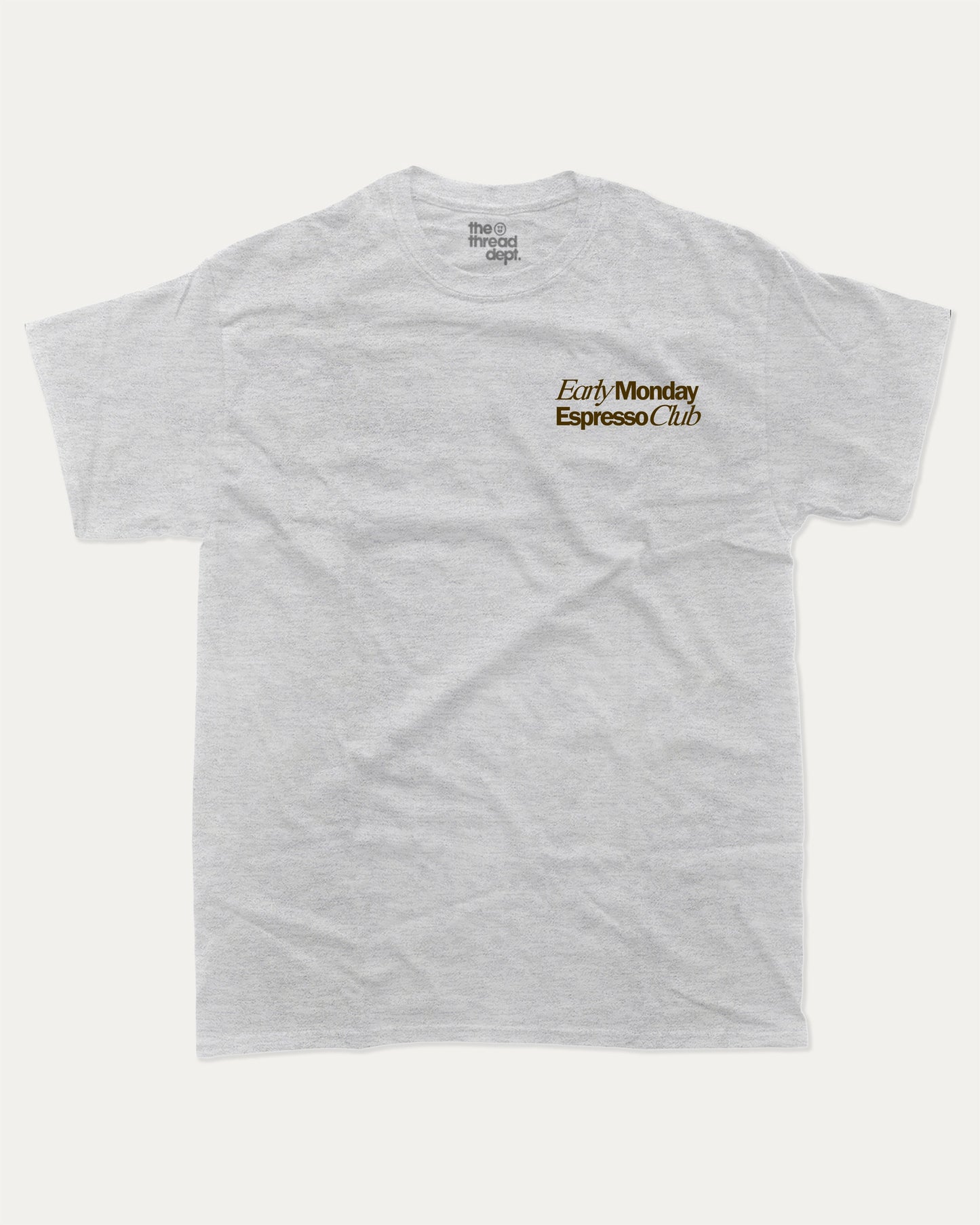 Early Monday Espresso Club graphic t-shirt, Vintage Retro Graphic Tees, Vintage inspired T shirts,. A must-have funny tee, trending meme shirt, unique gift idea. Ash Grey .