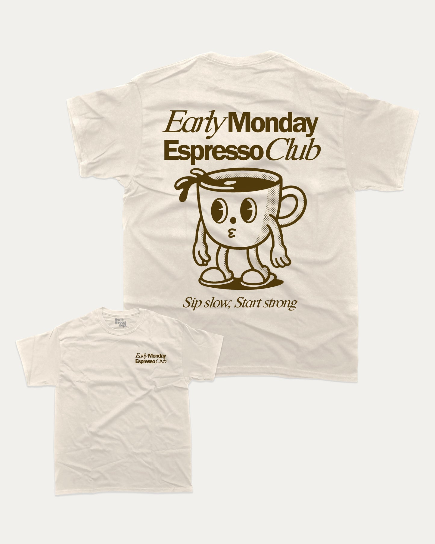 Early Monday Espresso Club graphic t-shirt, Vintage Retro Graphic Tees, Vintage inspired T shirts,. A must-have funny tee, trending meme shirt, unique gift idea. Cream.
