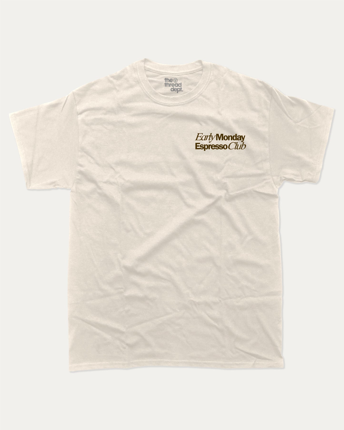 Early Monday Espresso Club graphic t-shirt, Vintage Retro Graphic Tees, Vintage inspired T shirts,. A must-have funny tee, trending meme shirt, unique gift idea. Cream.