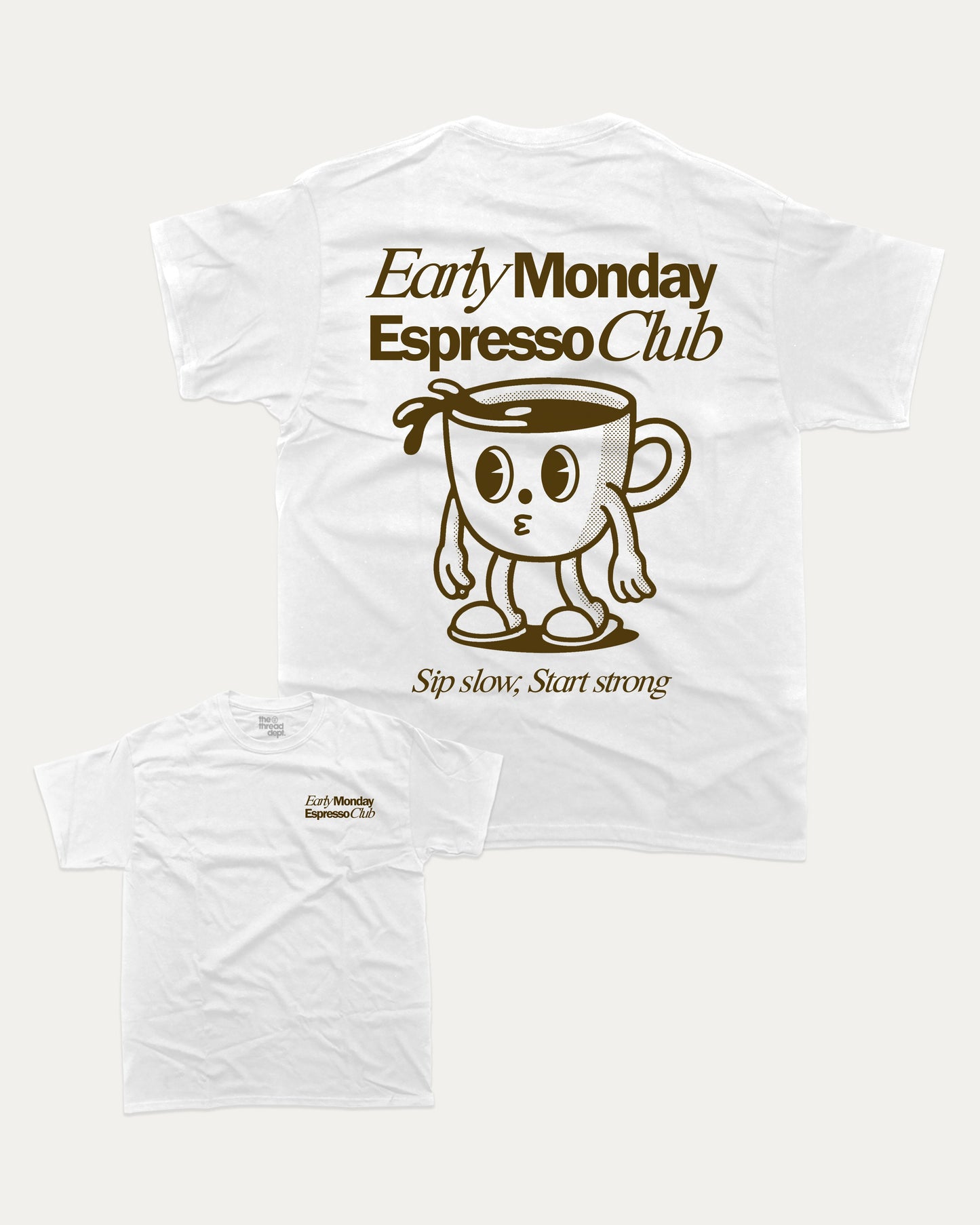 Early Monday Espresso Club graphic t-shirt, Vintage Retro Graphic Tees, Vintage inspired T shirts,. A must-have funny tee, trending meme shirt, unique gift idea. White.