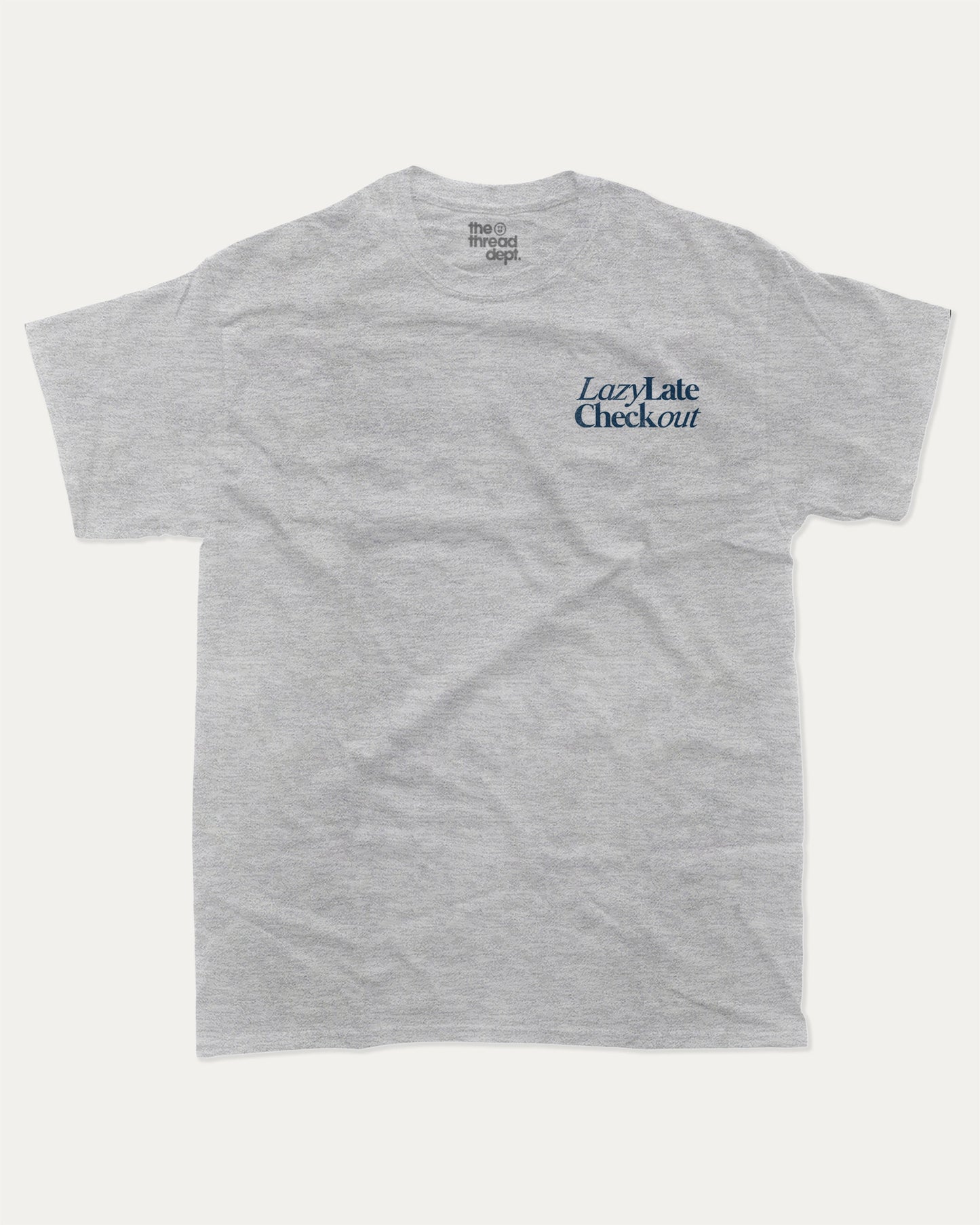 Lazy Late Check Out graphic tee with bold and humorous print, funny and trendy graphic. Retro Inspired Graphic T shirt, Vintage Inspired Graphic T shirt, Perfect for adults and gift-giving. Heather Grey shirt.