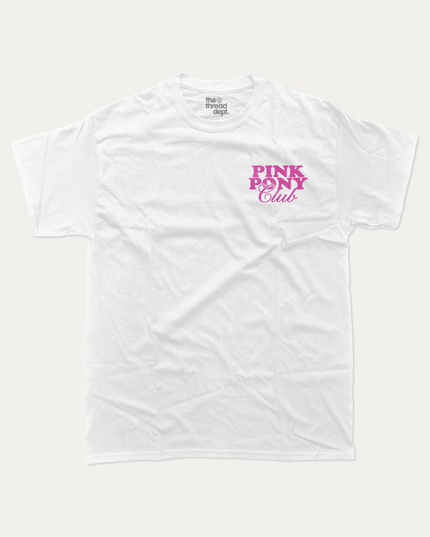 Pink Pony Club graphic t-shirt, Vintage Inspired Graphic T shirt, Retro Inspired Graphic T shirt, Women's Graphic T shirt,. A must-have funny tee, trending meme shirt, unique gift idea. White.