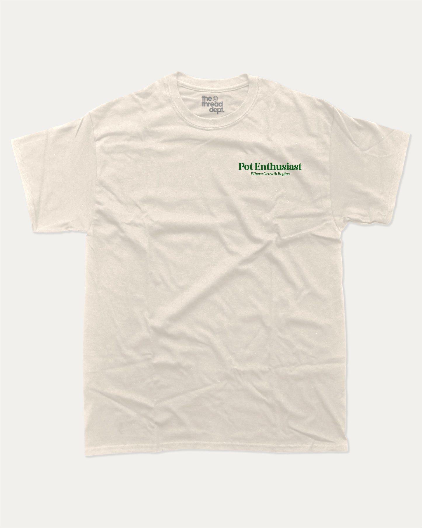 Pot Enthusiast graphic tee with bold and humorous print, funny and trendy graphic. Perfect T shirt for Plant Lovers, Plant Graphic T shirt, Retro Plants Graphic T shirt, Vintage Inspired Graphic T shirt, Vintage Plants Tee, Perfect for adults and gift-giving. Cream shirt.