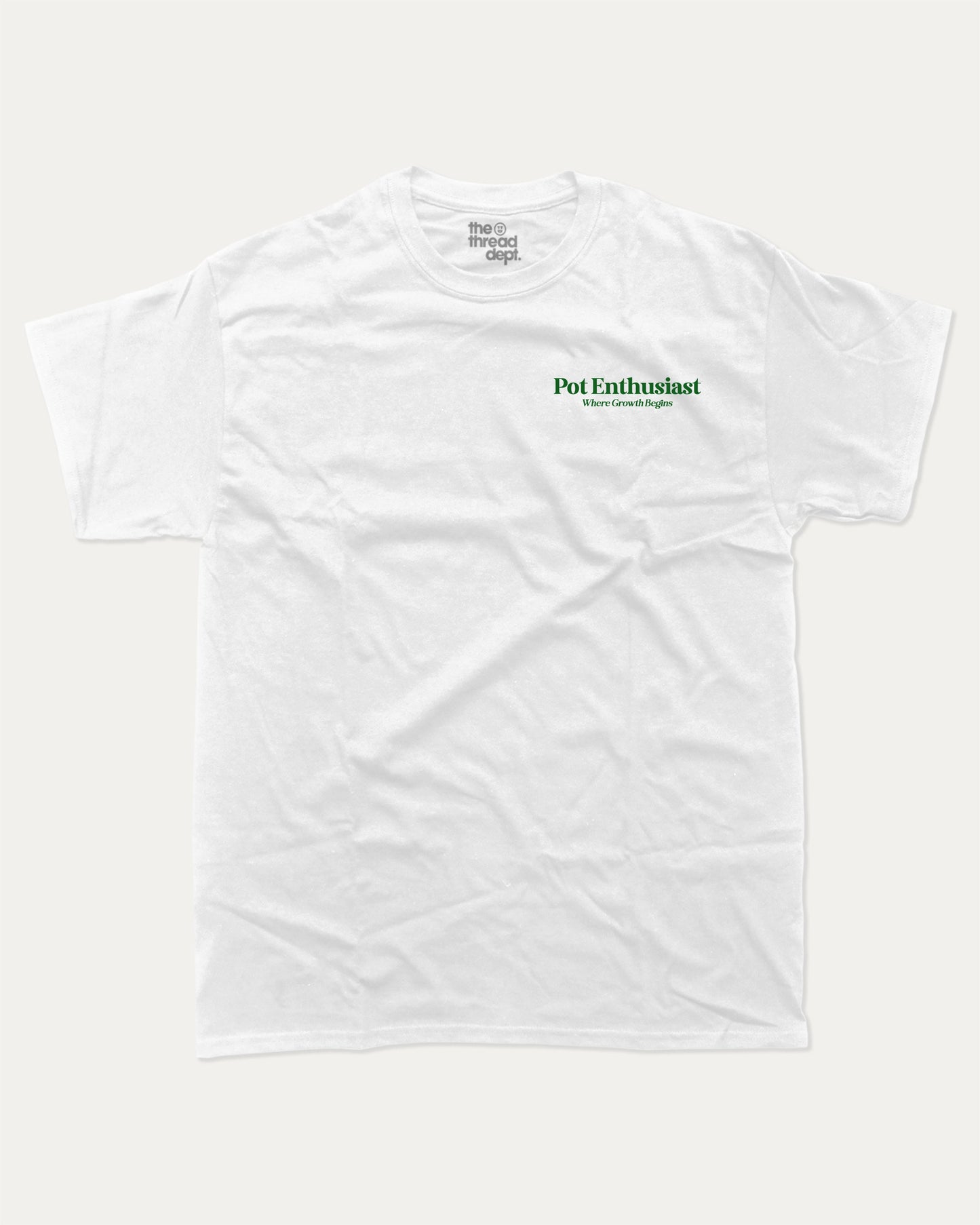 Pot Enthusiast graphic tee with bold and humorous print, funny and trendy graphic. Perfect T shirt for Plant Lovers, Plant Graphic T shirt, Retro Plants Graphic T shirt, Vintage Inspired Graphic T shirt, Vintage Plants Tee, Perfect for adults and gift-giving. White shirt.
