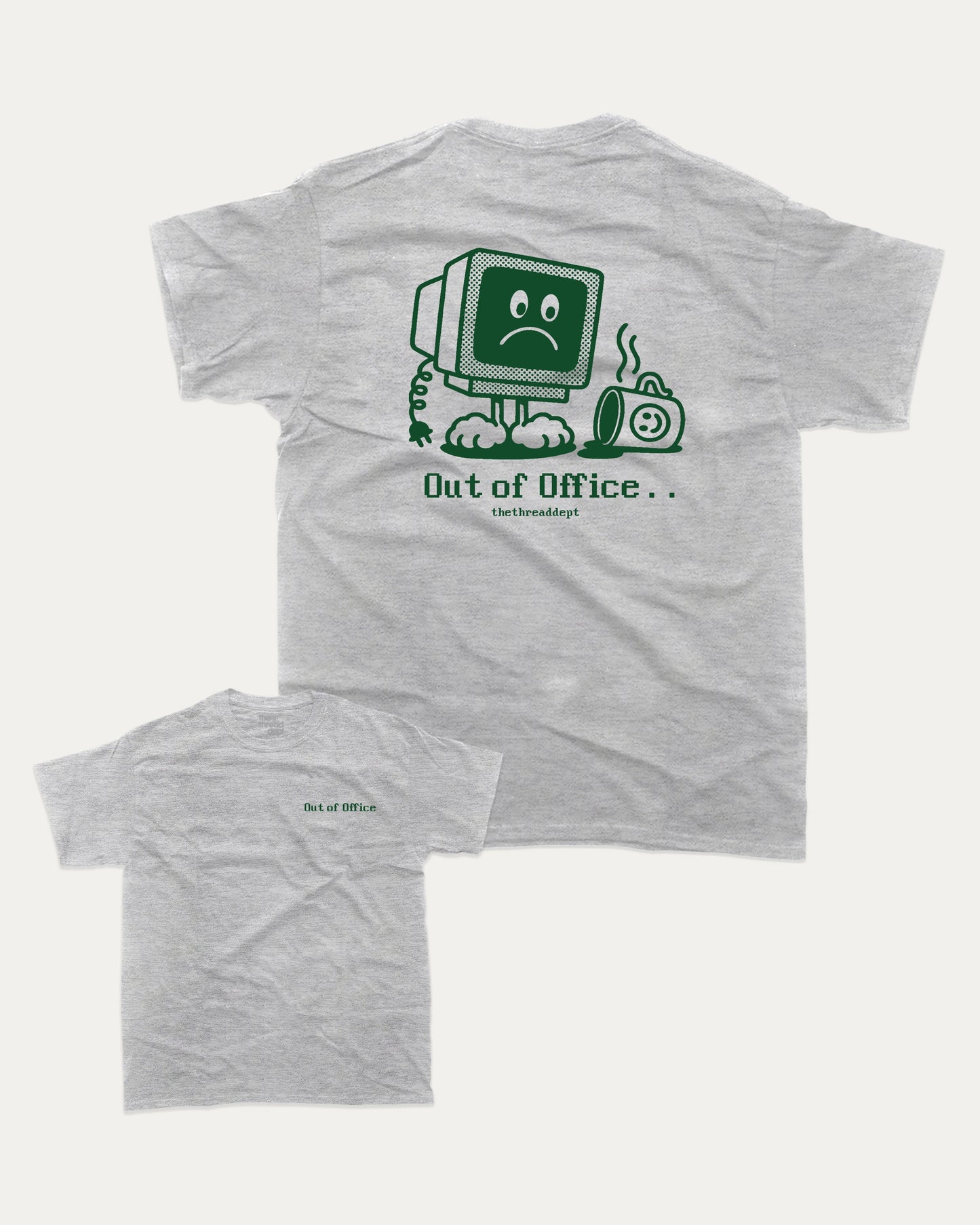 Retro Out of Office graphic t-shirt, perfect for adults. Retro Inspired Graphic T shirt, Vintage Inspired Graphic T shirt, trending meme shirt, unique gift idea. Heather Grey.