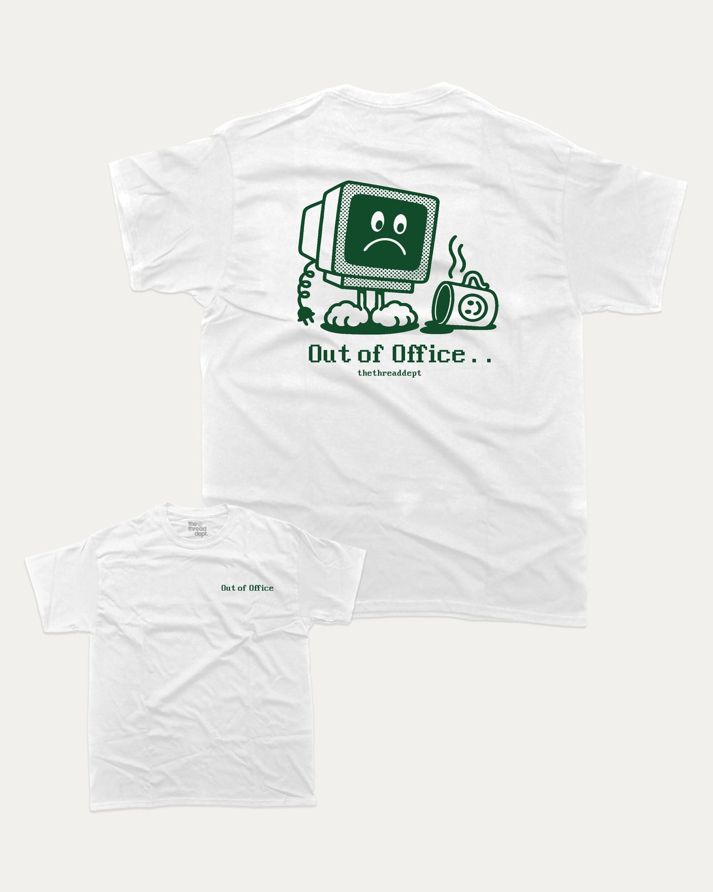 Retro Out of Office graphic t-shirt, perfect for adults. Retro Inspired Graphic T shirt, Vintage Inspired Graphic T shirt, trending meme shirt, unique gift idea. White.