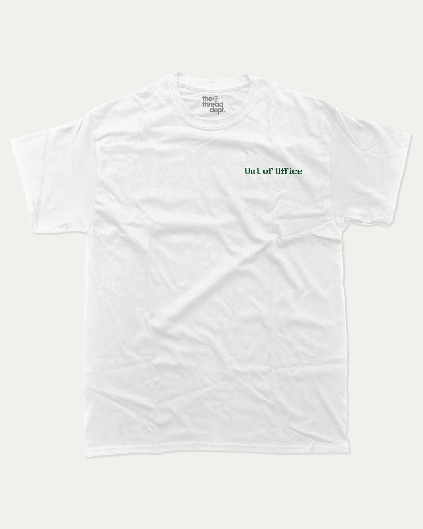 Retro Out of Office graphic t-shirt, perfect for adults. Retro Inspired Graphic T shirt, Vintage Inspired Graphic T shirt, trending meme shirt, unique gift idea. White.