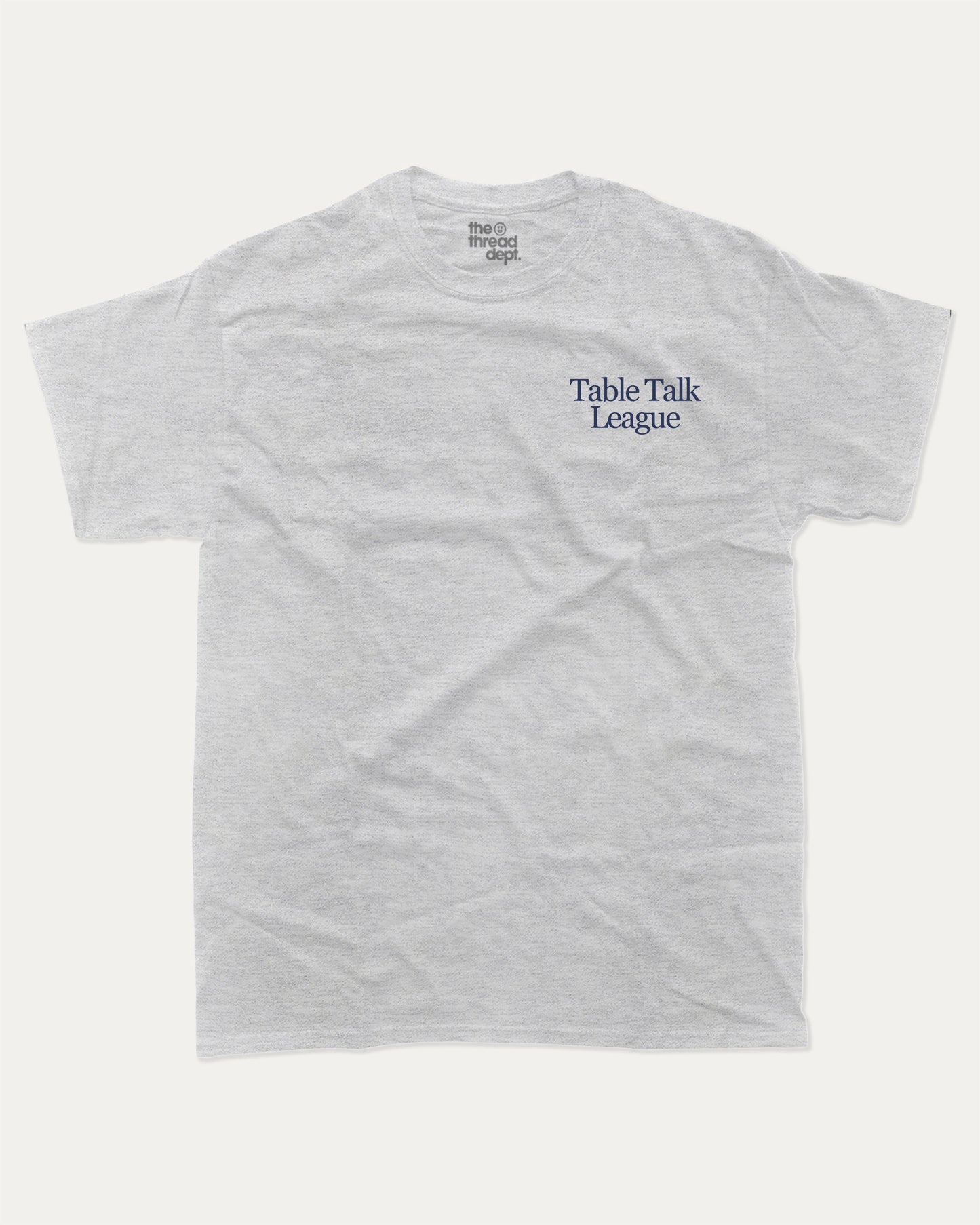 Table Talk League graphic t-shirt, perfect for adults. A must-have funny tee, trending meme shirt, unique gift idea. Ash Grey .