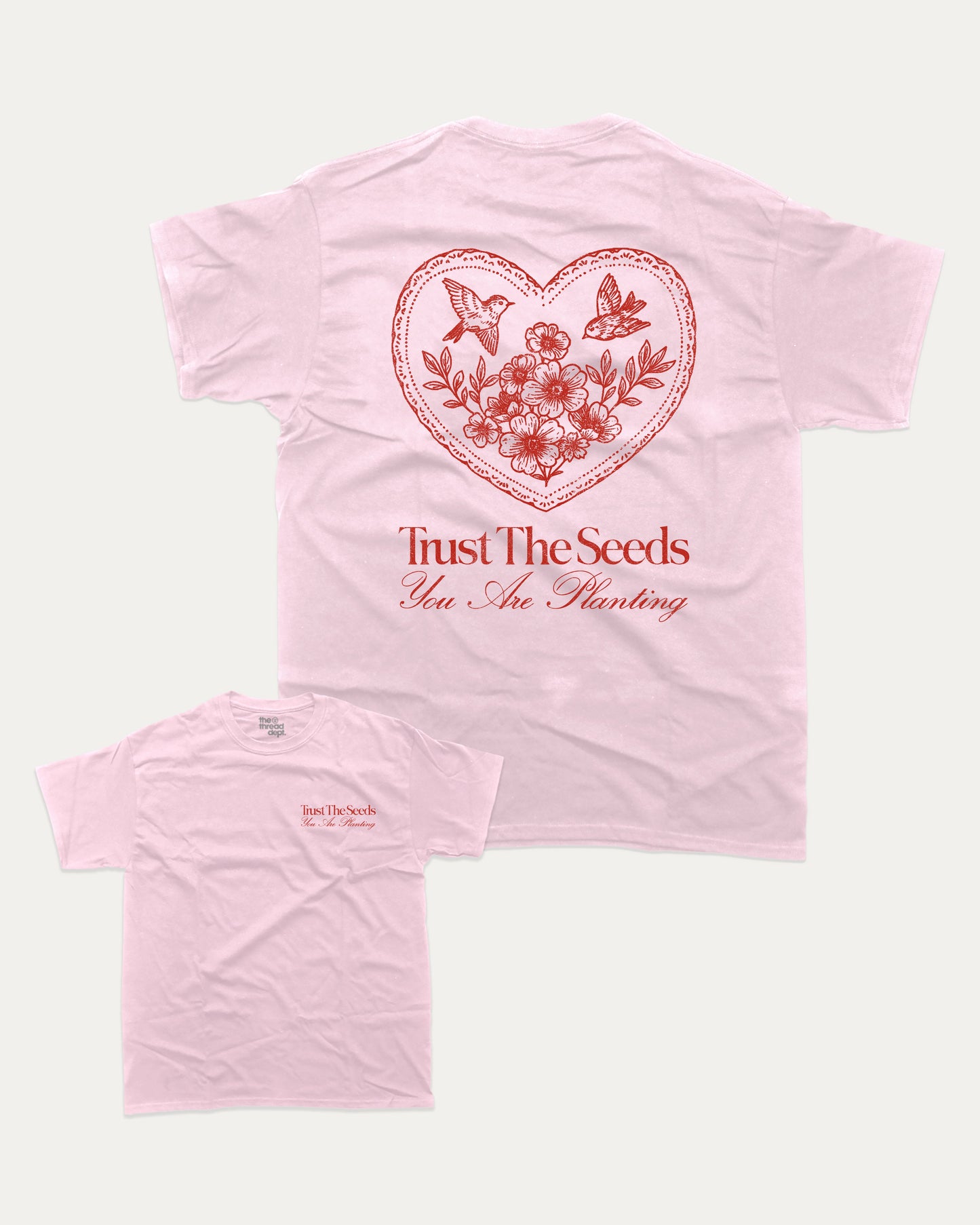 Trust The Seeds graphic t-shirt, Vintage Inspired Graphic T shirt, Retro Inspired Graphic T shirt, . A must-have funny tee, trending meme shirt, unique gift idea. Pink.
