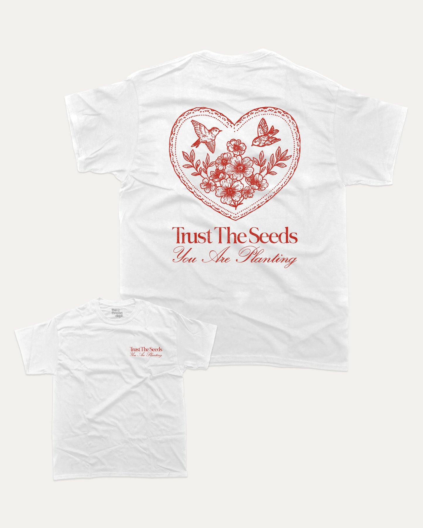 Trust The Seeds graphic t-shirt, Vintage Inspired Graphic T shirt, Retro Inspired Graphic T shirt, . A must-have funny tee, trending meme shirt, unique gift idea. White.