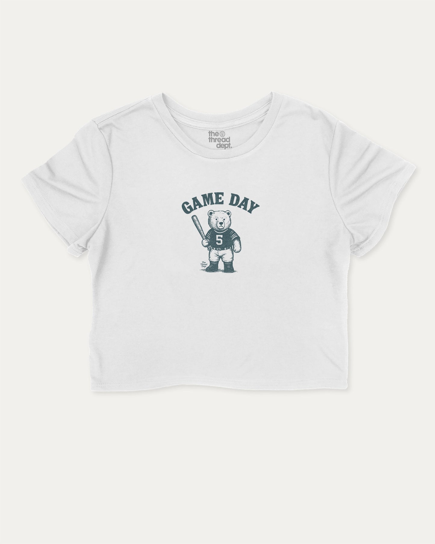 Game Day Baseball cute and trendy crop tee with nostalgic graphic, perfect for women. Funny game day bear crop t shirt, ideal for daily outfits and casual days. White crop tee