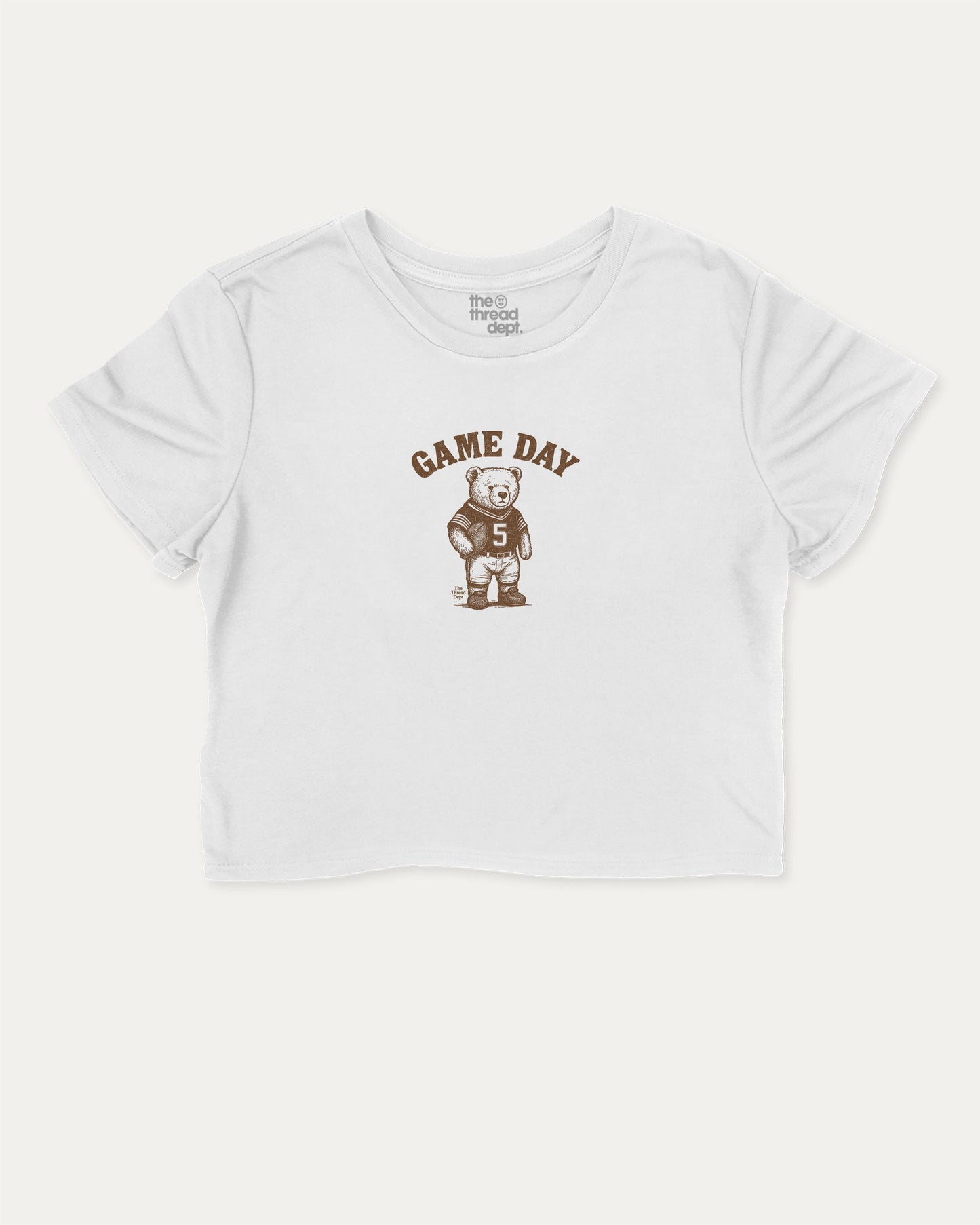 Game Day Football cute and trendy crop tee with nostalgic graphic, perfect for women. Funny game day bear crop t shirt, ideal for daily outfits and casual days. White crop tee