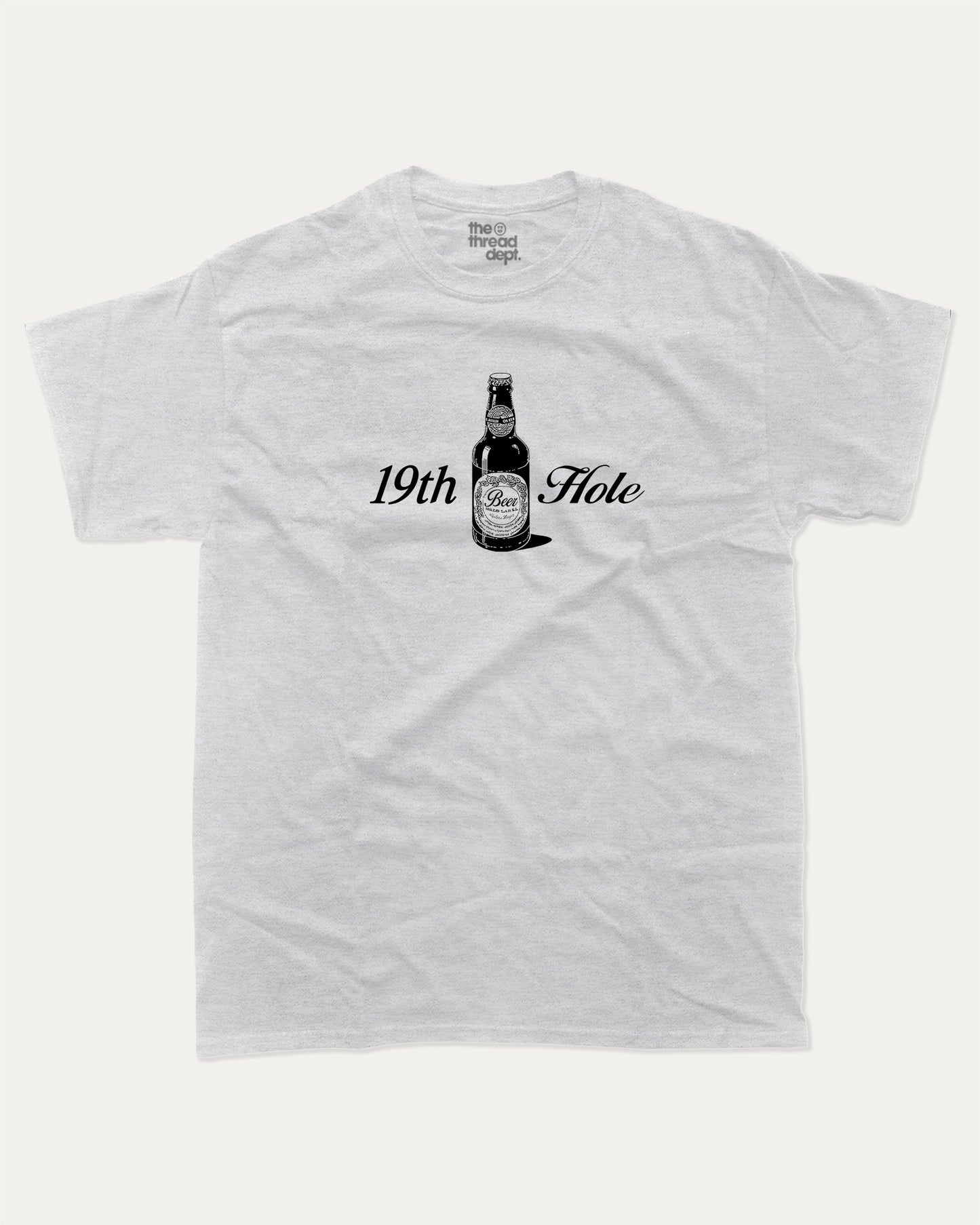 Golf 19th Hole Beer graphic tee with bold and humorous print, funny and trendy graphic. Perfect Gift for Golfers, Golf lovers Graphic T shirt, Perfect for adults and gift-giving. Ash Grey shirt.