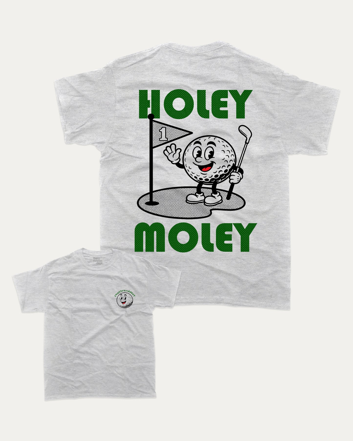 Holy Moley graphic t-shirt, perfect for adults. A must-have funny tee, Golf Graphic Tee, Humorous Golf Tee shirt, Trendy Golf Tee shirt, unique gift idea. Ash Grey .