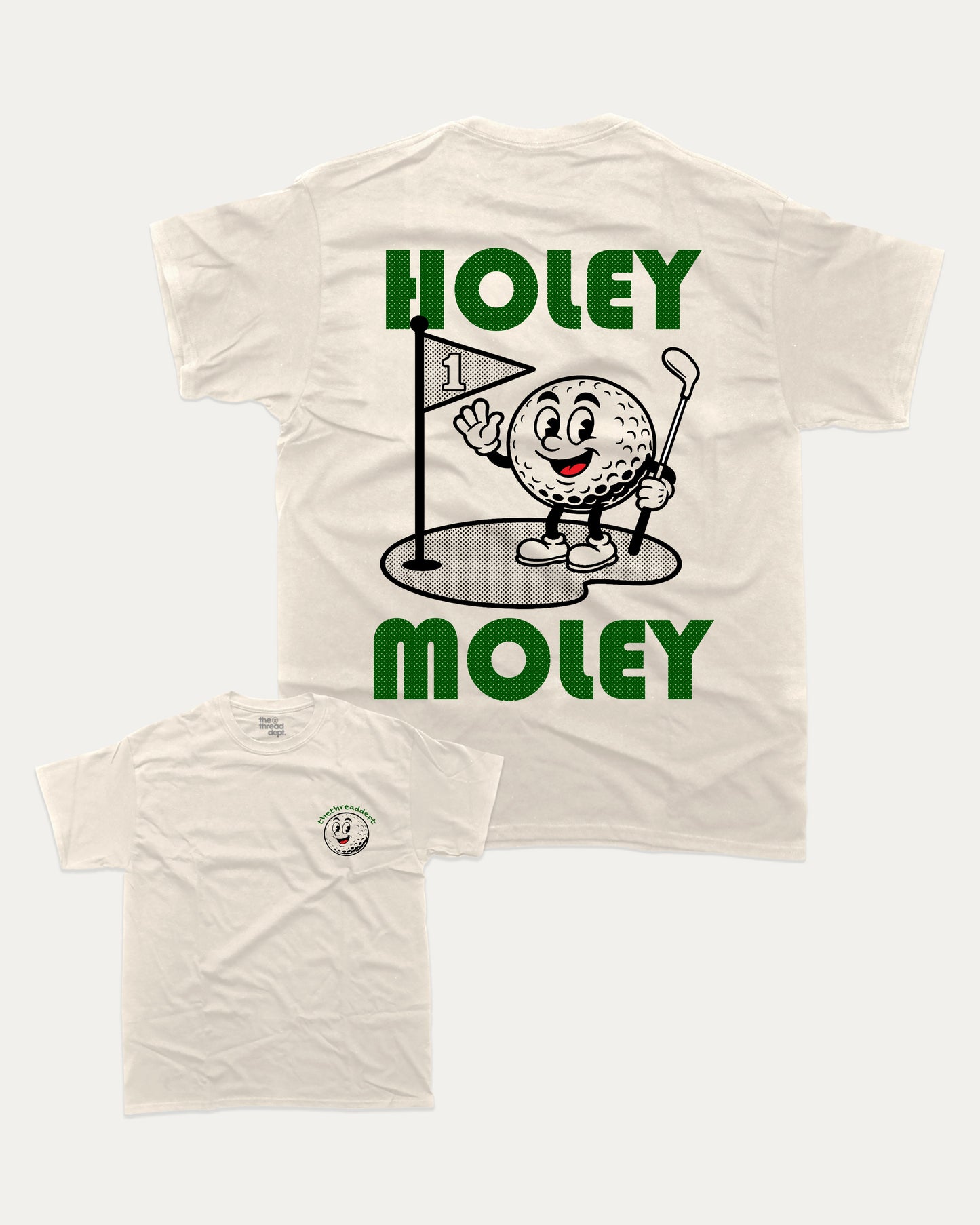 Holy Moley graphic t-shirt, perfect for adults. A must-have funny tee, Golf Graphic Tee, Humorous Golf Tee shirt, Trendy Golf Tee shirt, unique gift idea. Cream.