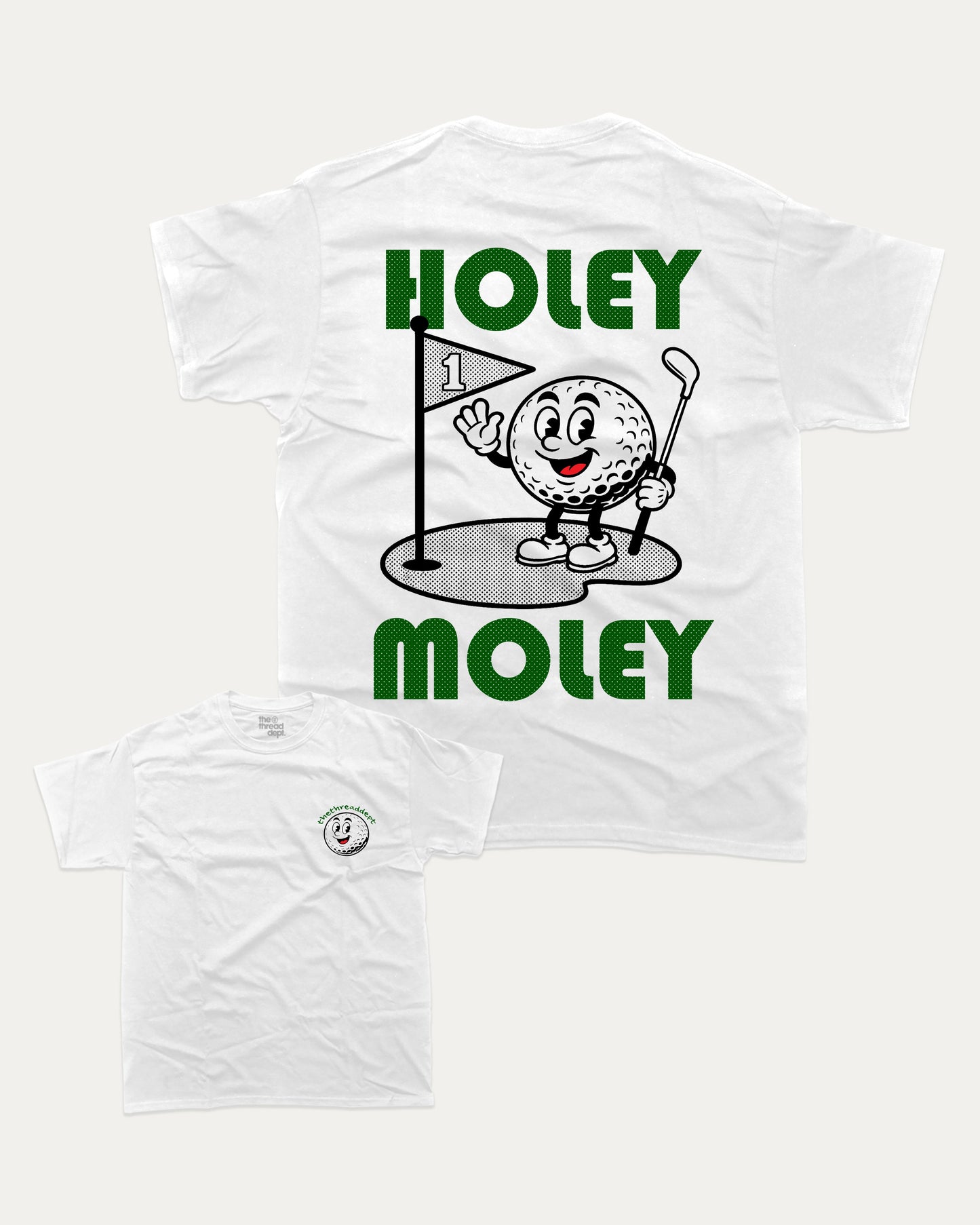 Holy Moley graphic t-shirt, perfect for adults. A must-have funny tee, Golf Graphic Tee, Humorous Golf Tee shirt, Trendy Golf Tee shirt, unique gift idea. White.