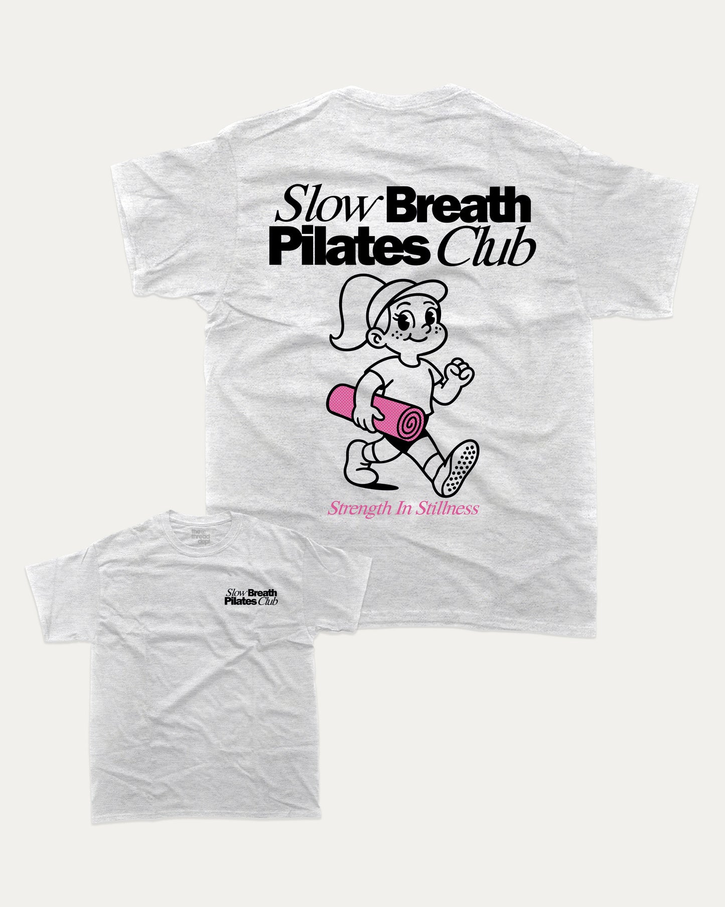 Slow Breath Pilates Club graphic tee with bold and humorous print, Pilates Graphic tee, Excercise Graphic tee, Workout t shirt, Perfect Gift for fit people, funny and trendy graphic. Perfect for adults and gift-giving. Ash Grey shirt.