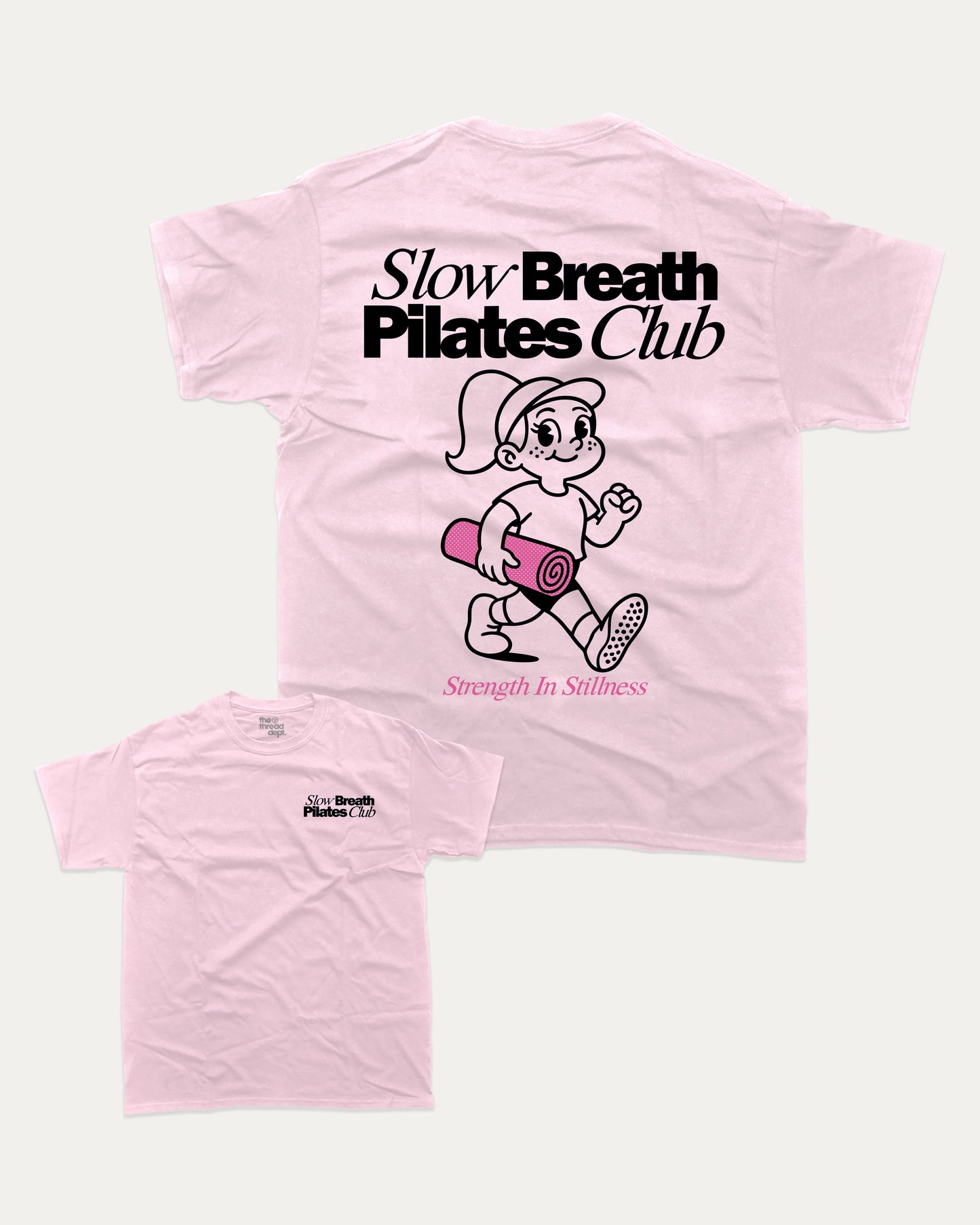 Slow Breath Pilates Club graphic tee with bold and humorous print, Pilates Graphic tee, Excercise Graphic tee, Workout t shirt, Perfect Gift for fit people, funny and trendy graphic. Perfect for adults and gift-giving. Pink shirt.