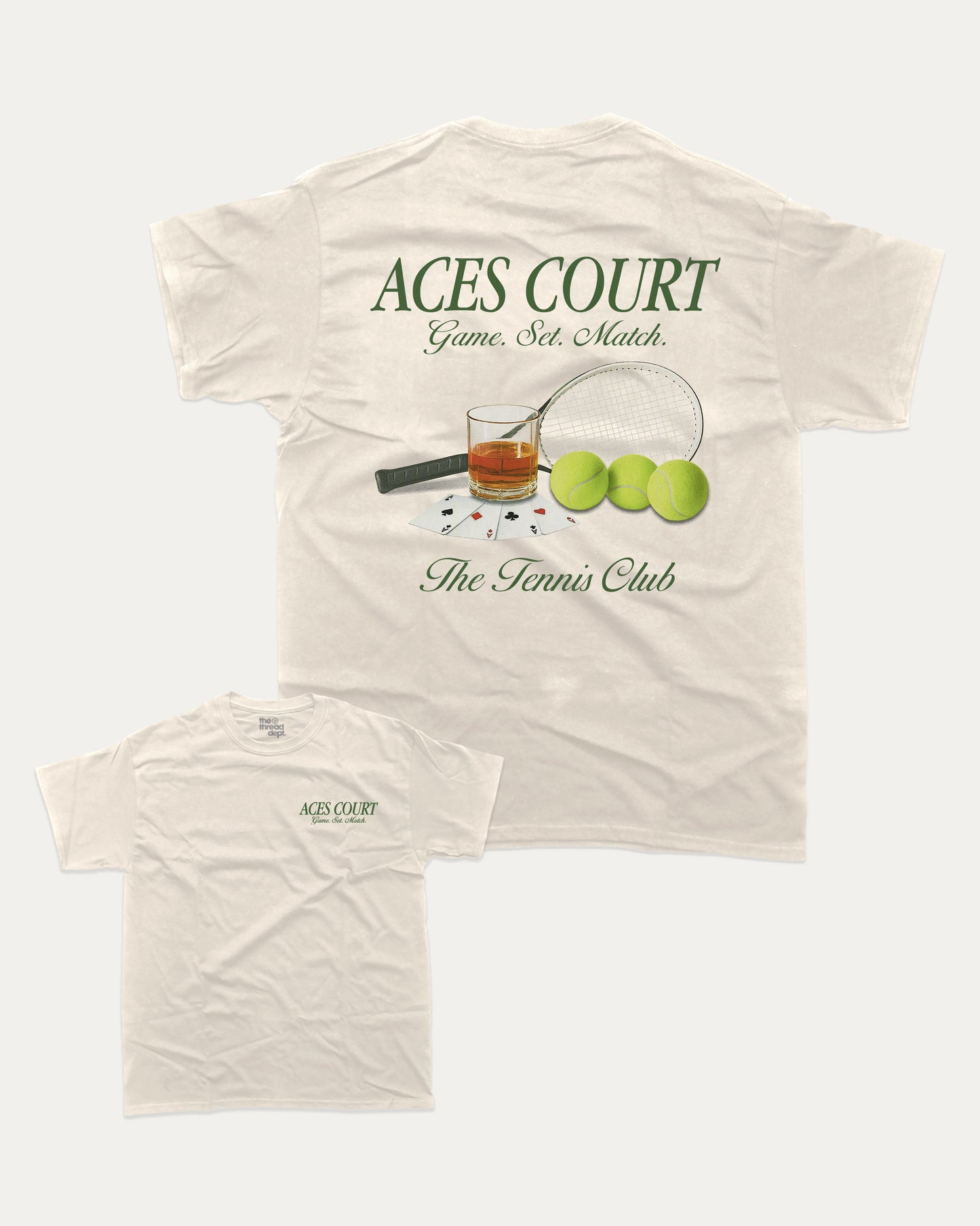 The Tennis Club graphic tee with bold and humorous print, Vintage tennis graphic. Perfect for adults and gift-giving. Cream shirt.