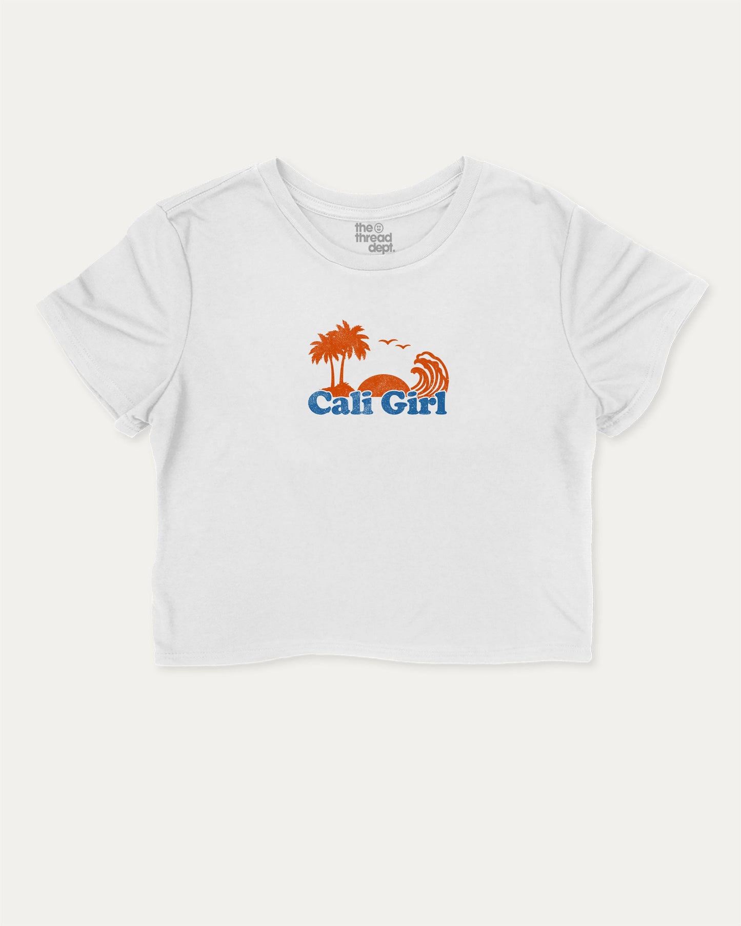 Cali Girl graphic crop tee with vintage california print, perfect for women’s casual looks or layering. White crop t-shirt.
