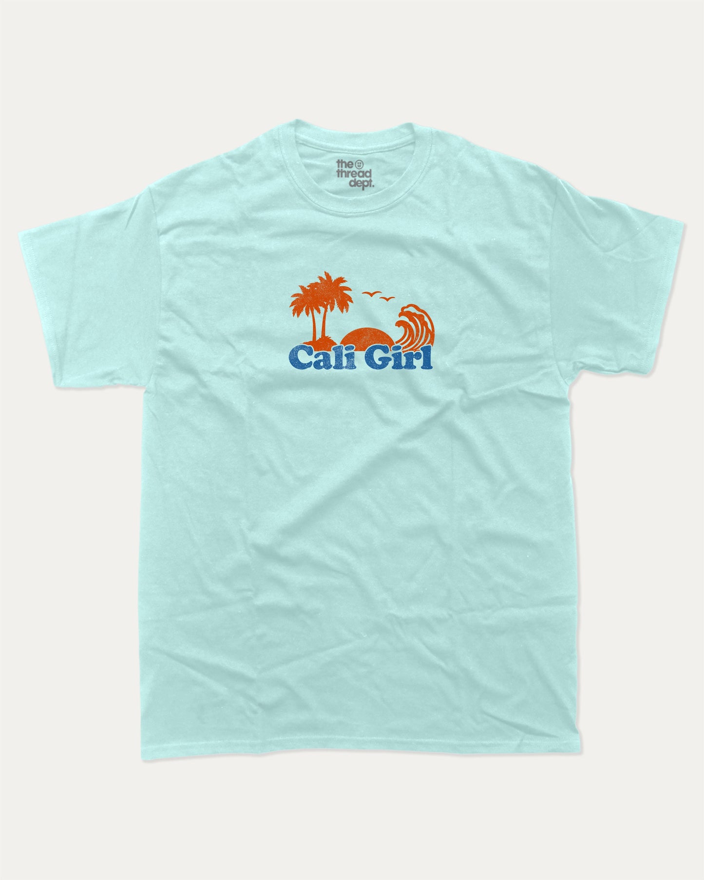 Cali Girl graphic tee with vintage california print, funny and trendy graphic. Perfect for adults and gift-giving. Celadon shirt.