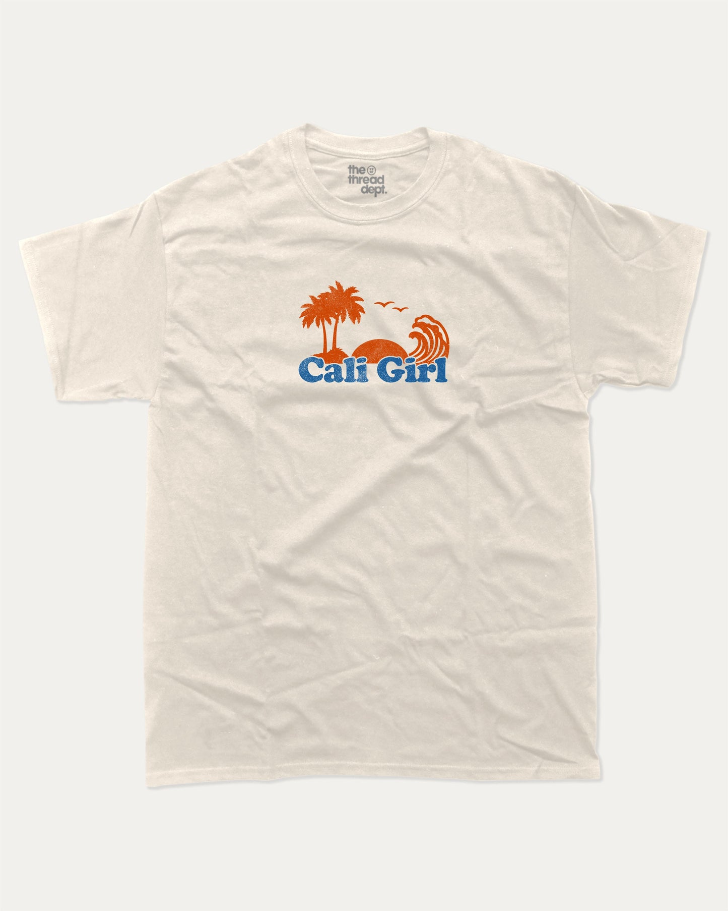 Cali Girl graphic tee with vintage california print, funny and trendy graphic. Perfect for adults and gift-giving. Cream shirt.