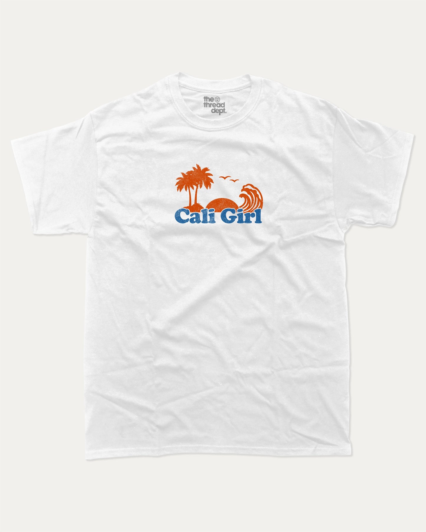 Cali Girl graphic tee with vintage california print, funny and trendy graphic. Perfect for adults and gift-giving. White shirt.
